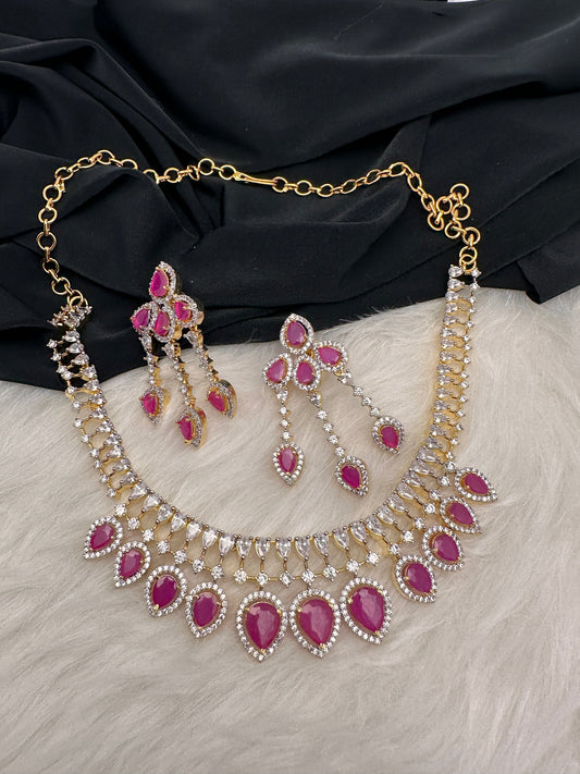 AD Color Stone Neckline Short Necklace - Red
