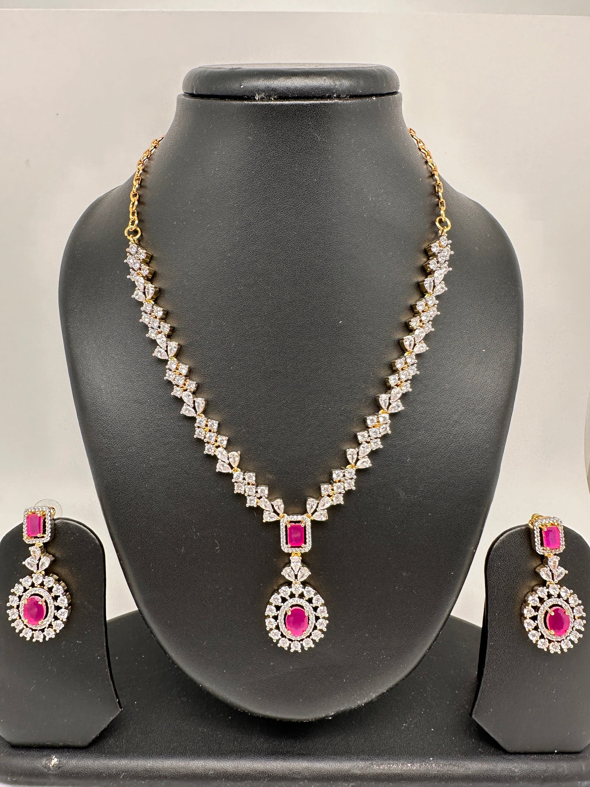 AD Color Stone Short Necklace - Red
