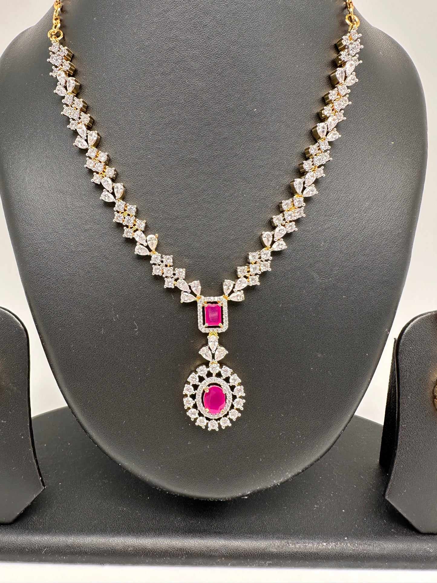AD Color Stone Short Necklace - Red