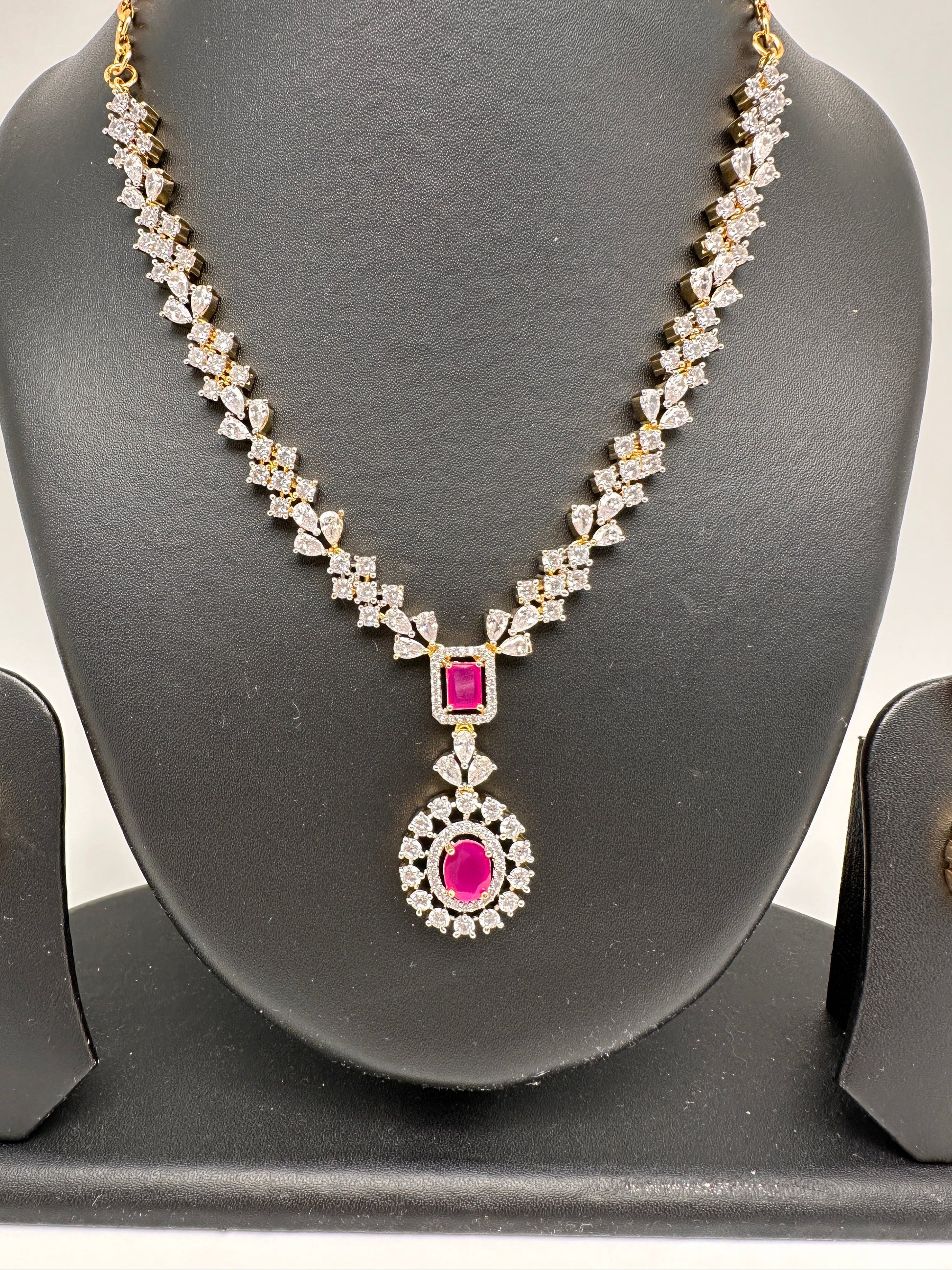 AD Color Stone Short Necklace - Red