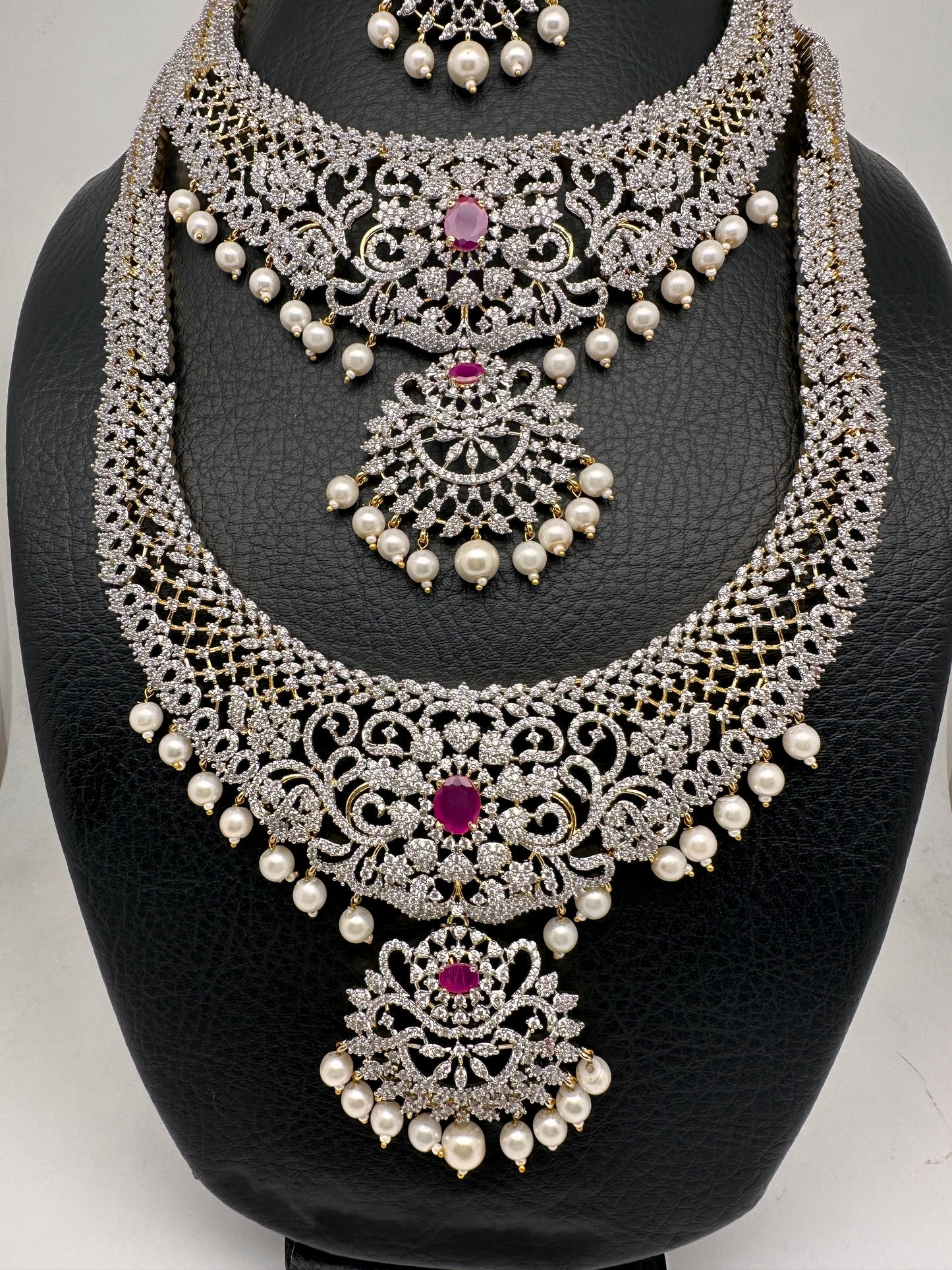 AD Diamond Finish Ganga Jamuna Polish Floral Red Stone Long Short Necklace Combo Set