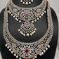 AD Diamond Finish Ganga Jamuna Polish Floral Red Stone Long Short Necklace Combo Set