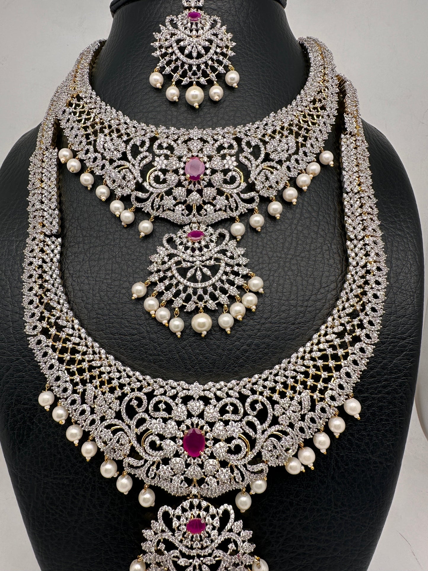 AD Diamond Finish Ganga Jamuna Polish Floral Red Stone Long Short Necklace Combo Set