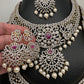 AD Diamond Finish Ganga Jamuna Polish Floral Red Stone Long Short Necklace Combo Set