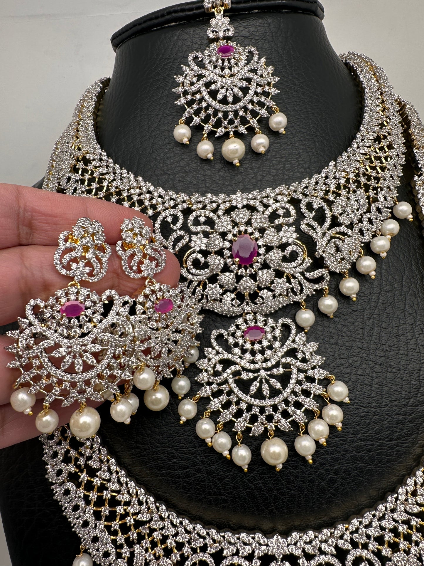AD Diamond Finish Ganga Jamuna Polish Floral Red Stone Long Short Necklace Combo Set
