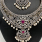 AD Diamond Finish Ganga Jamuna Polish Floral Red Stone Long Short Necklace Combo Set