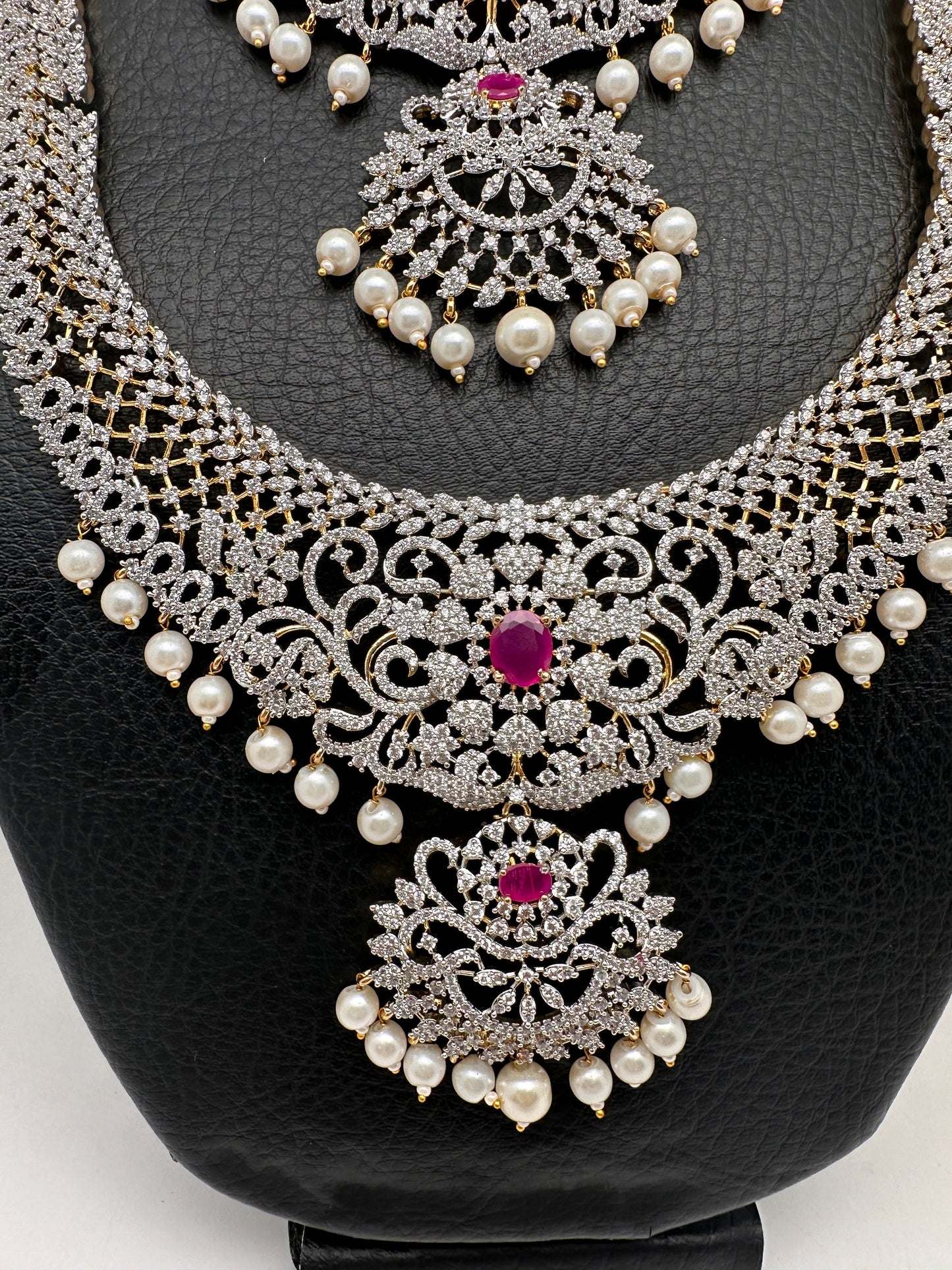 AD Diamond Finish Ganga Jamuna Polish Floral Red Stone Long Short Necklace Combo Set