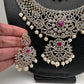 AD Diamond Finish Ganga Jamuna Polish Floral Red Stone Long Short Necklace Combo Set