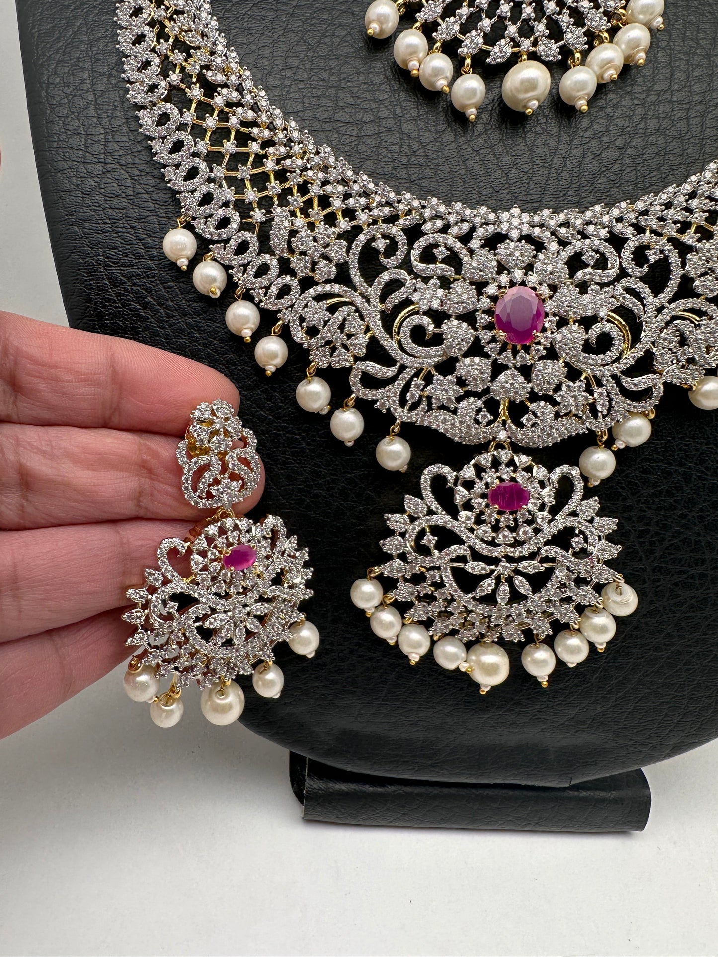 AD Diamond Finish Ganga Jamuna Polish Floral Red Stone Long Short Necklace Combo Set
