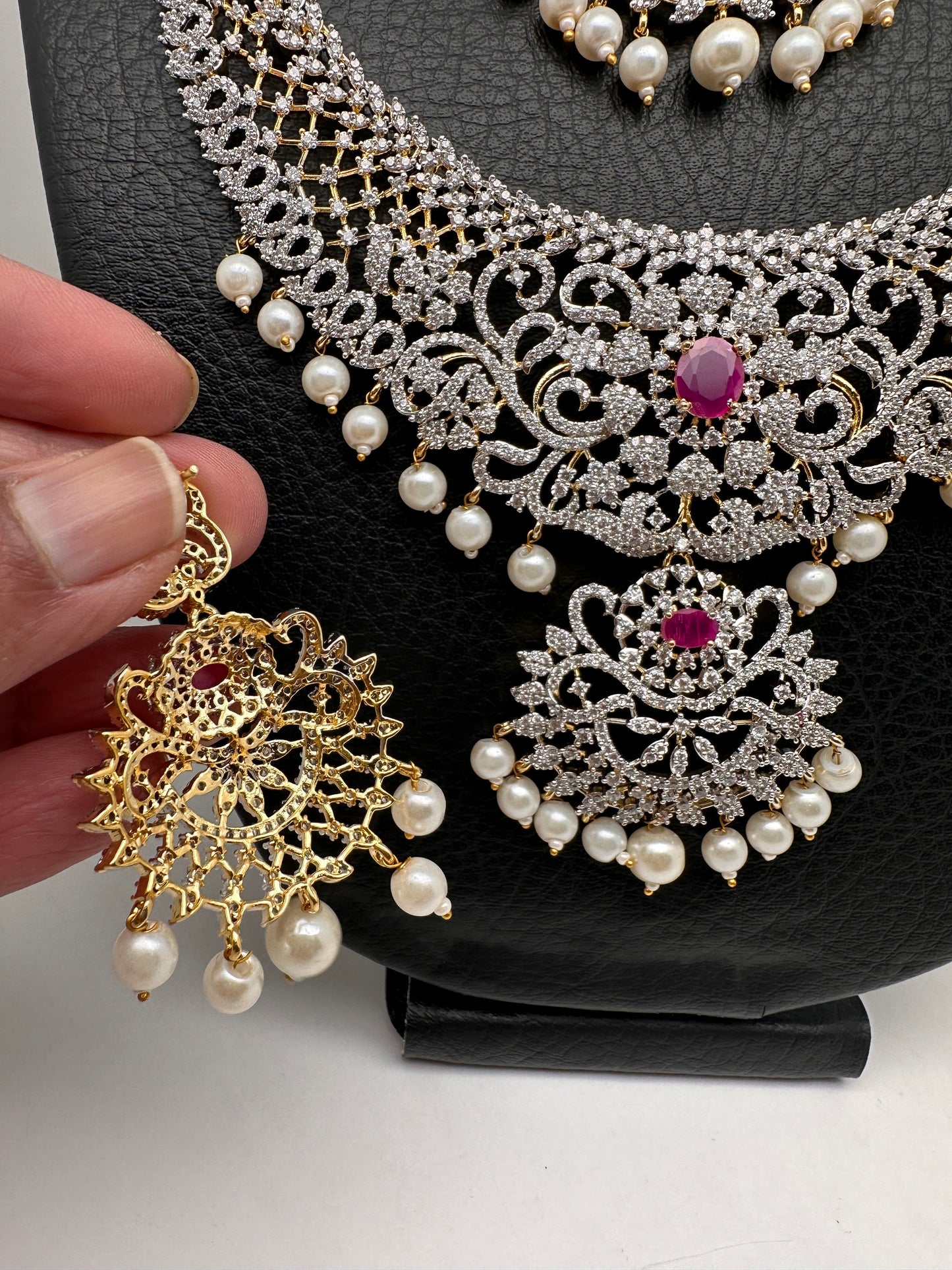 AD Diamond Finish Ganga Jamuna Polish Floral Red Stone Long Short Necklace Combo Set