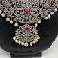 AD Diamond Finish Ganga Jamuna Polish Floral Red Stone Long Short Necklace Combo Set