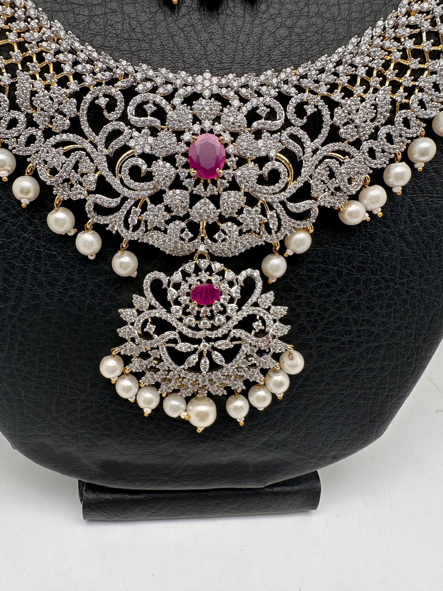 AD Diamond Finish Ganga Jamuna Polish Floral Red Stone Long Short Necklace Combo Set