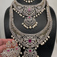 AD Diamond Finish Ganga Jamuna Polish Floral Red Stone Long Short Necklace Combo Set