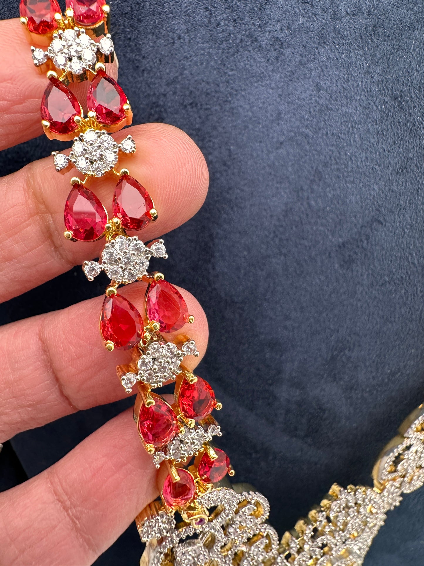 AD Color Stone Long Necklace - Red