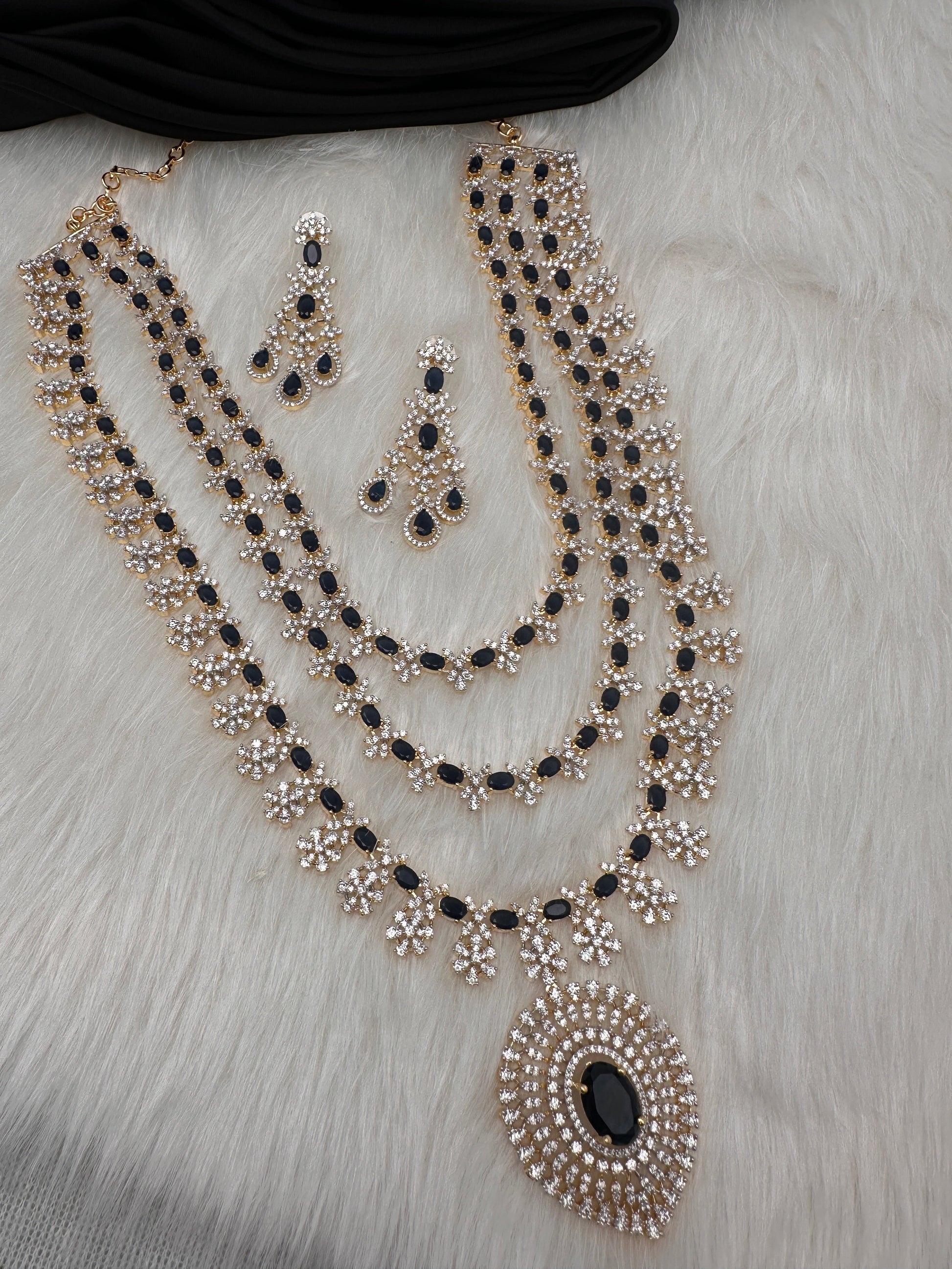 AD Multi Layer Color Stone Long Necklace - Blue