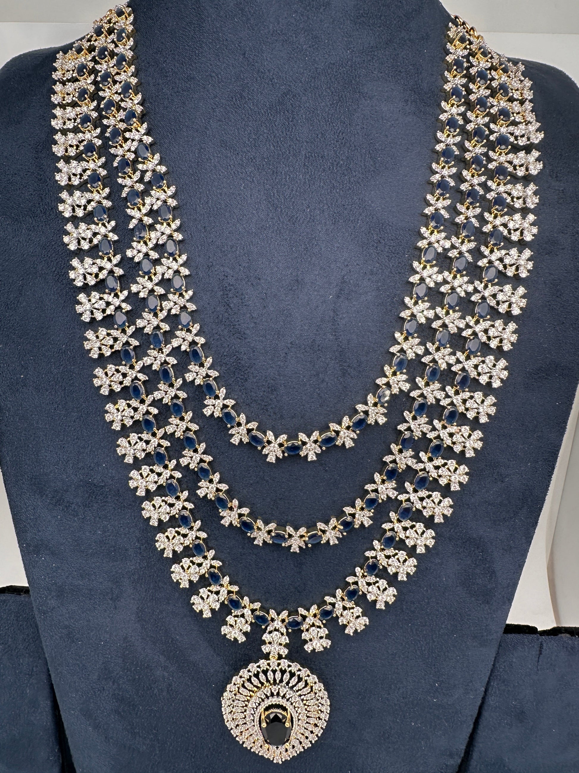 AD Multi Layer Color Stone Long Necklace - Blue