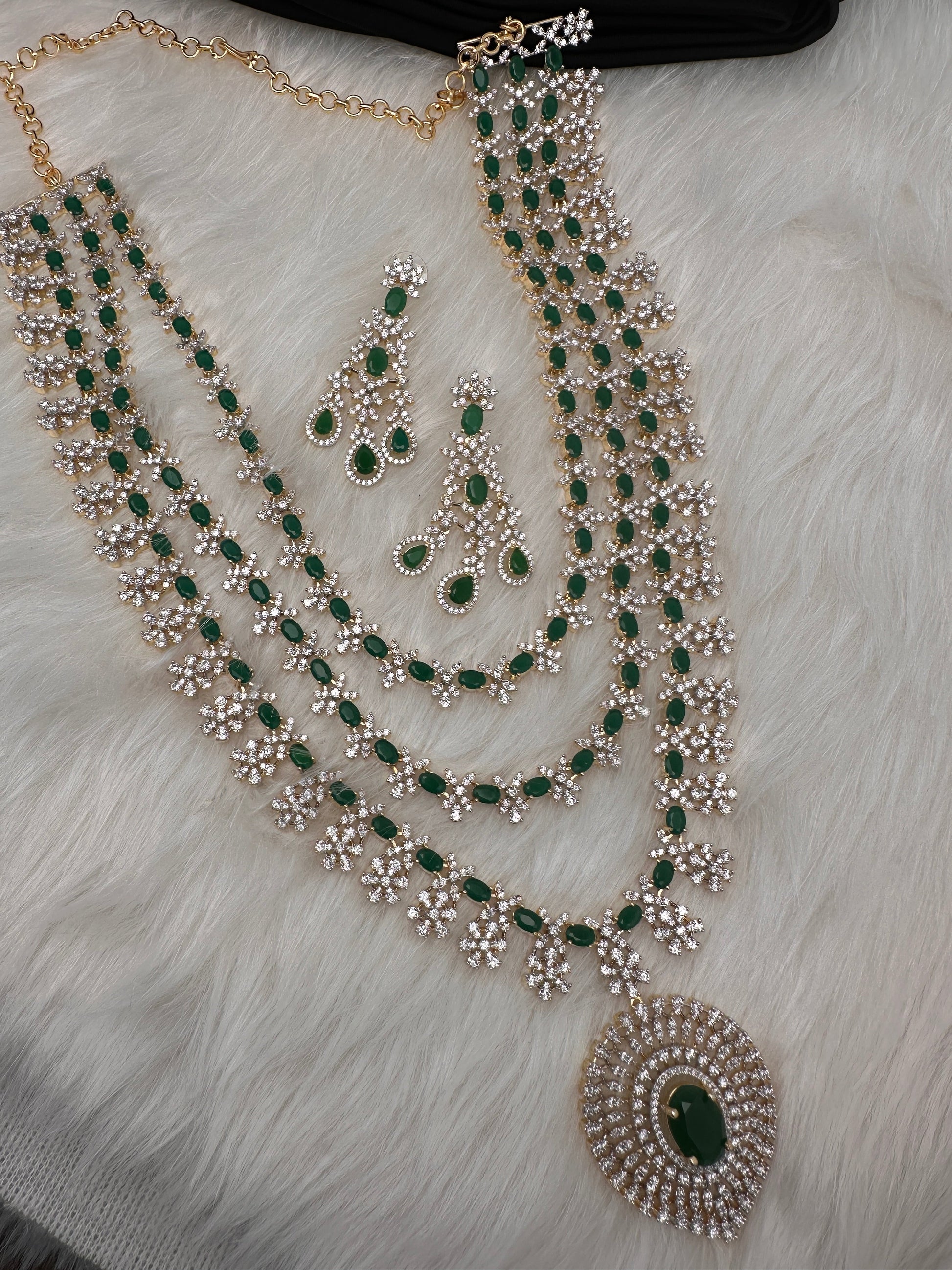 AD Multi Layer Color Stone Long Necklace - Green