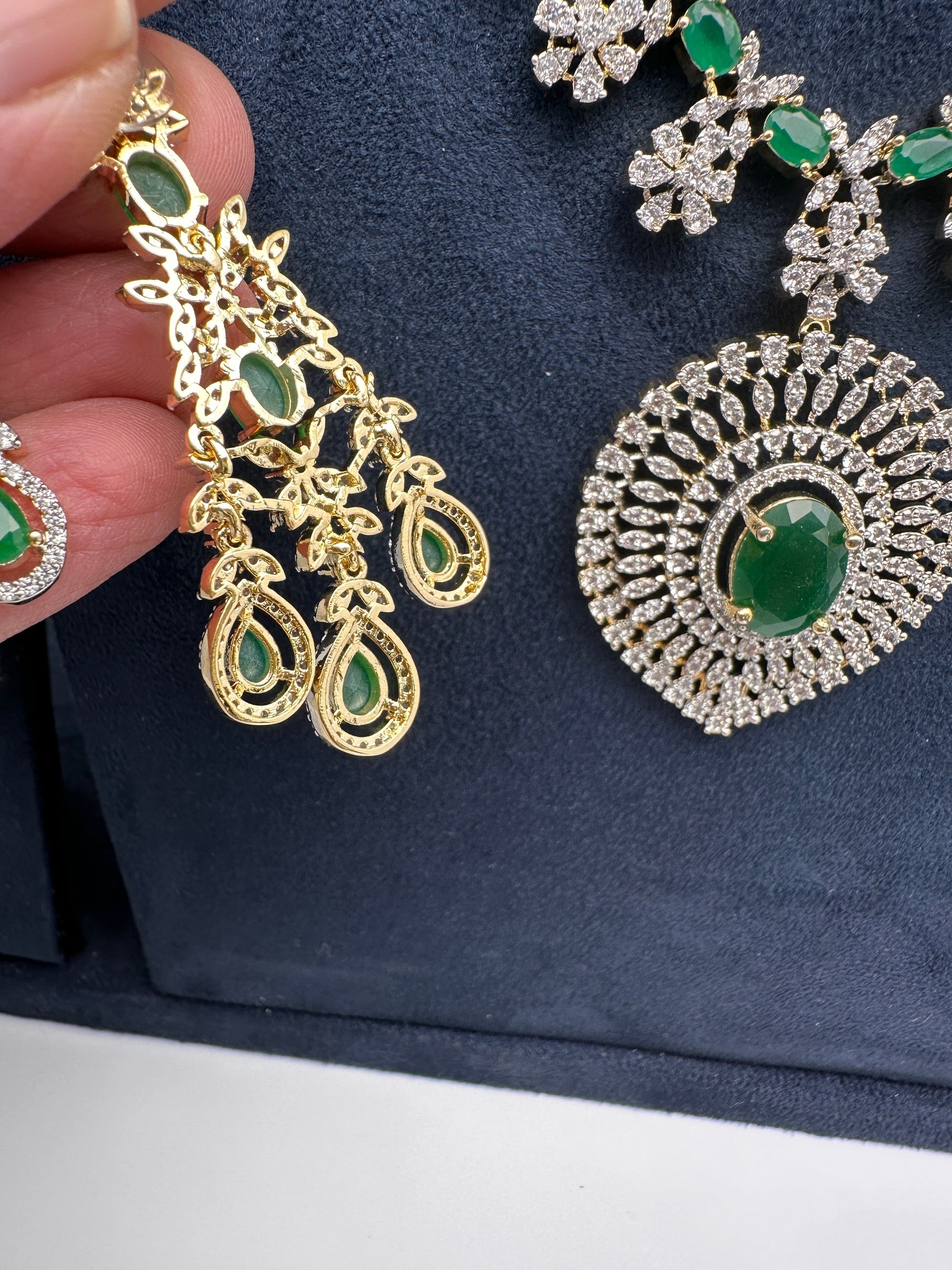 AD Multi Layer Color Stone Long Necklace - Green