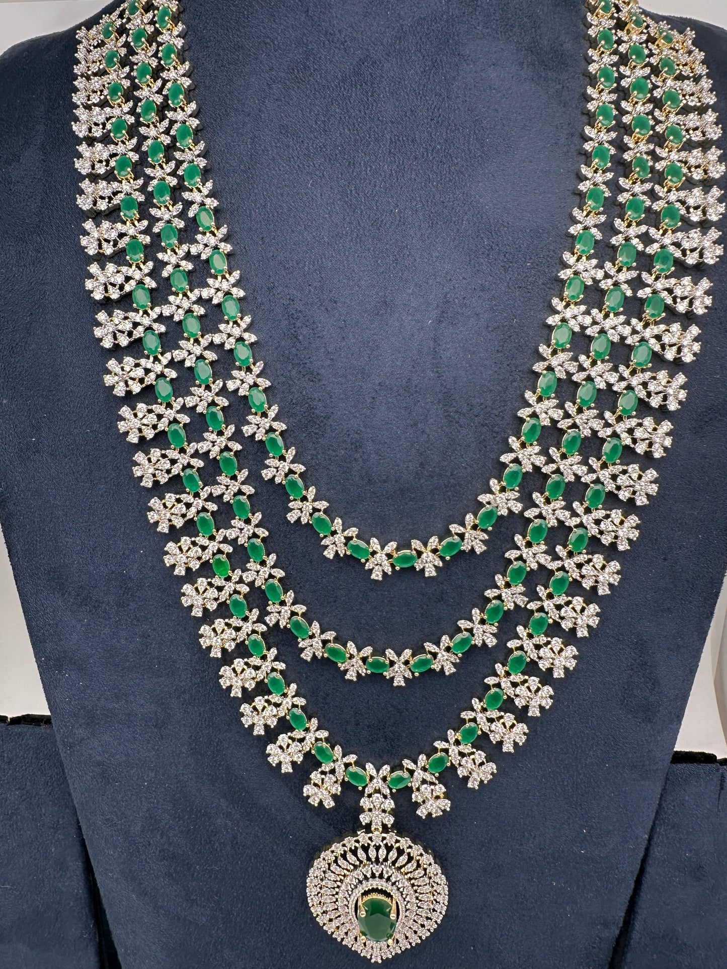 AD Multi Layer Color Stone Long Necklace - Green