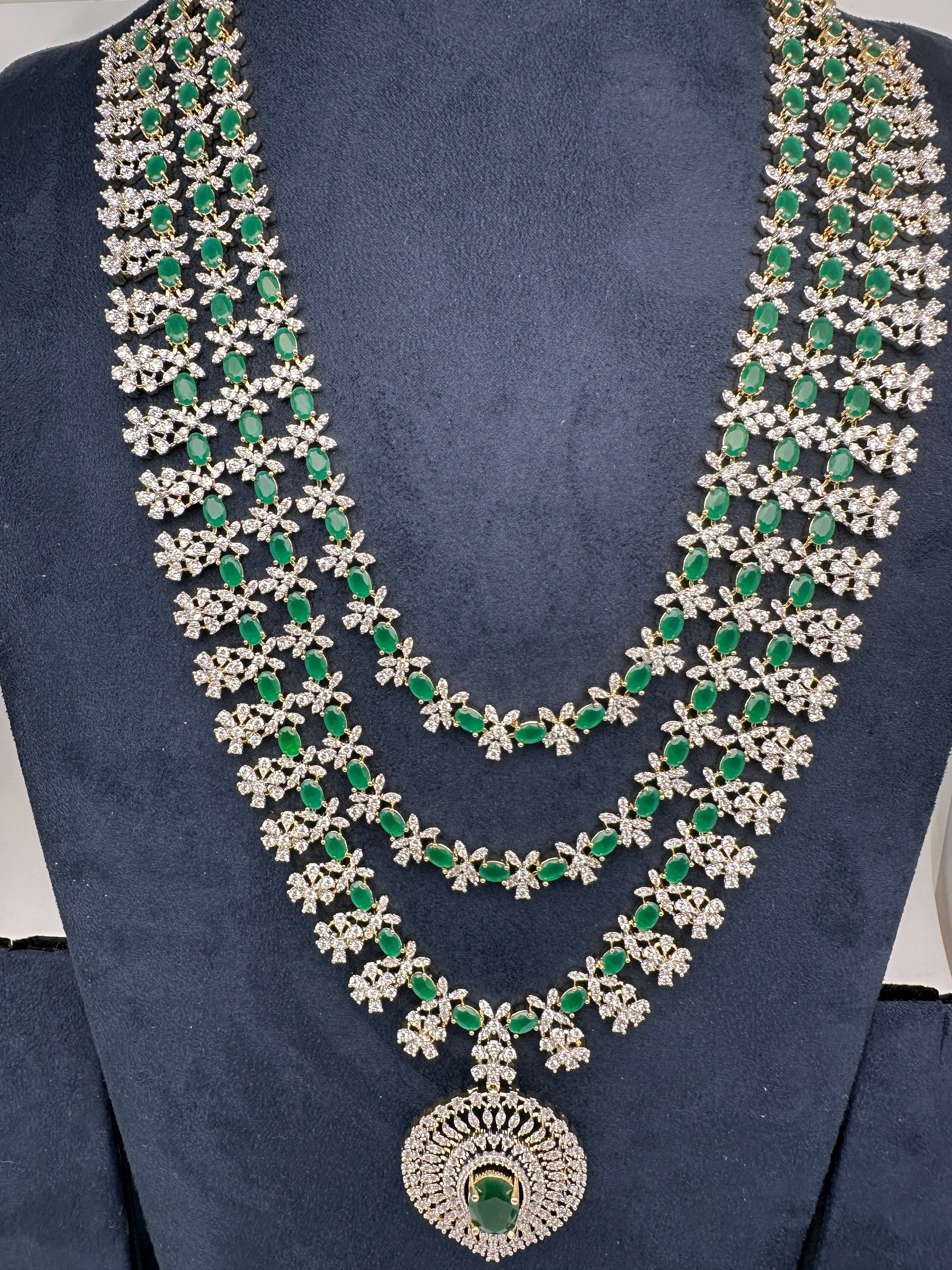 AD Multi Layer Color Stone Long Necklace - Green