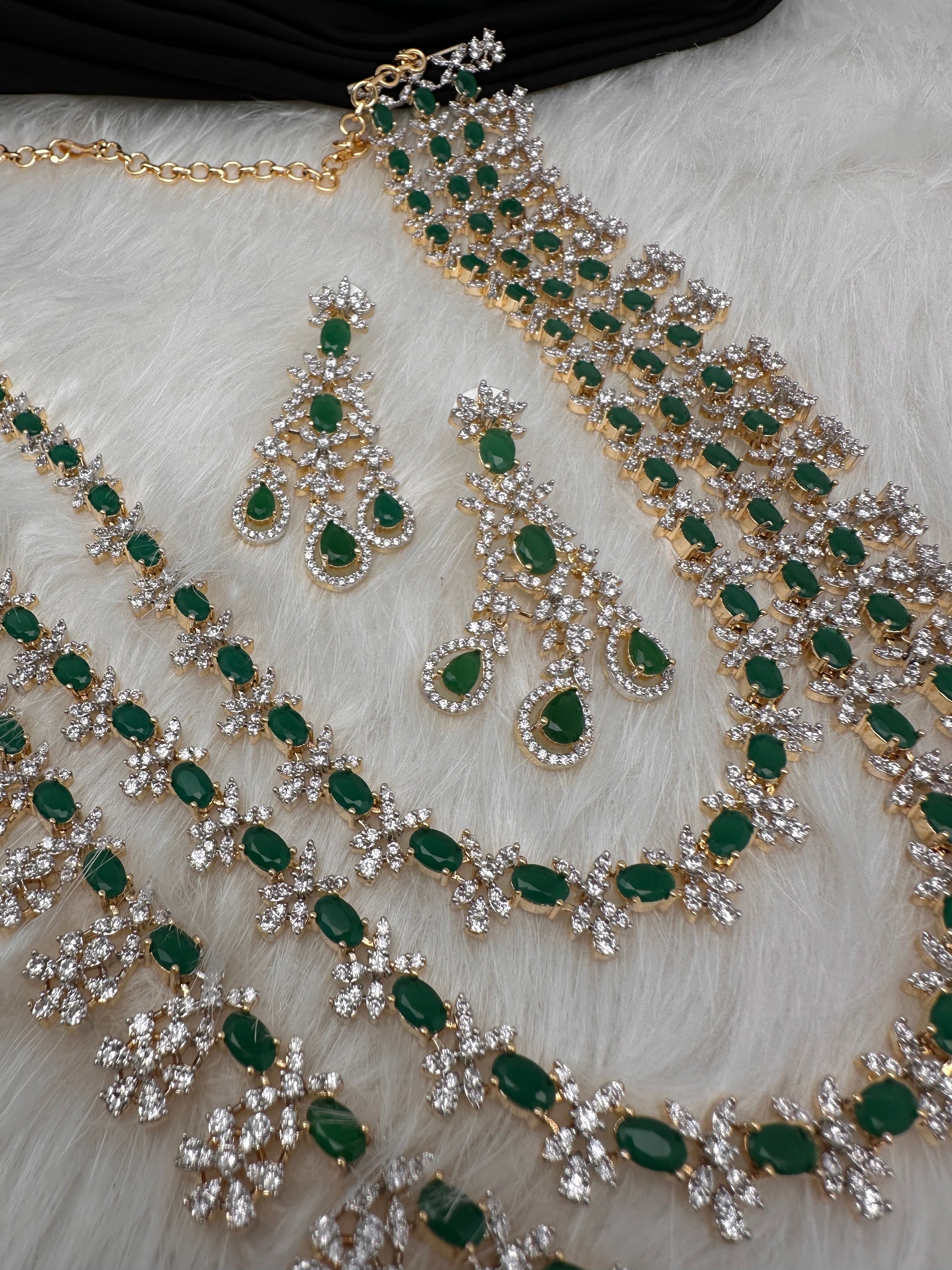AD Multi Layer Color Stone Long Necklace - Green