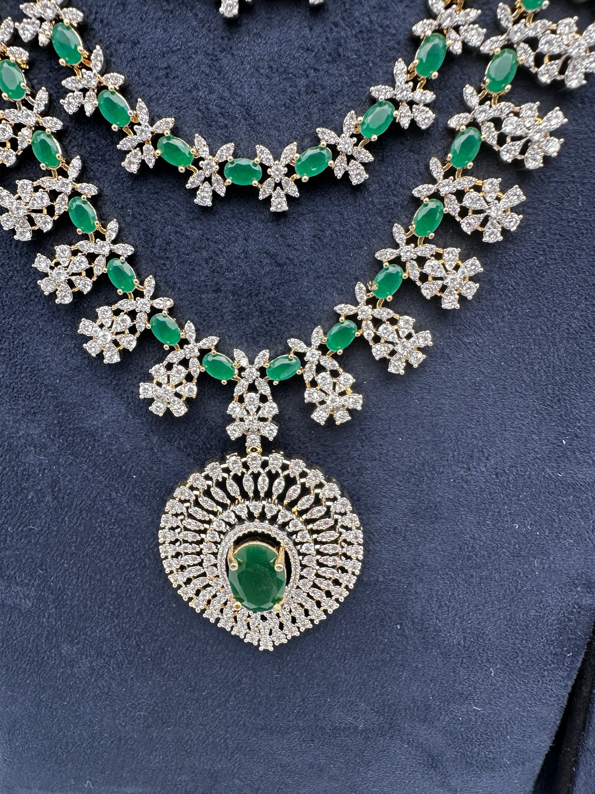 AD Multi Layer Color Stone Long Necklace - Green