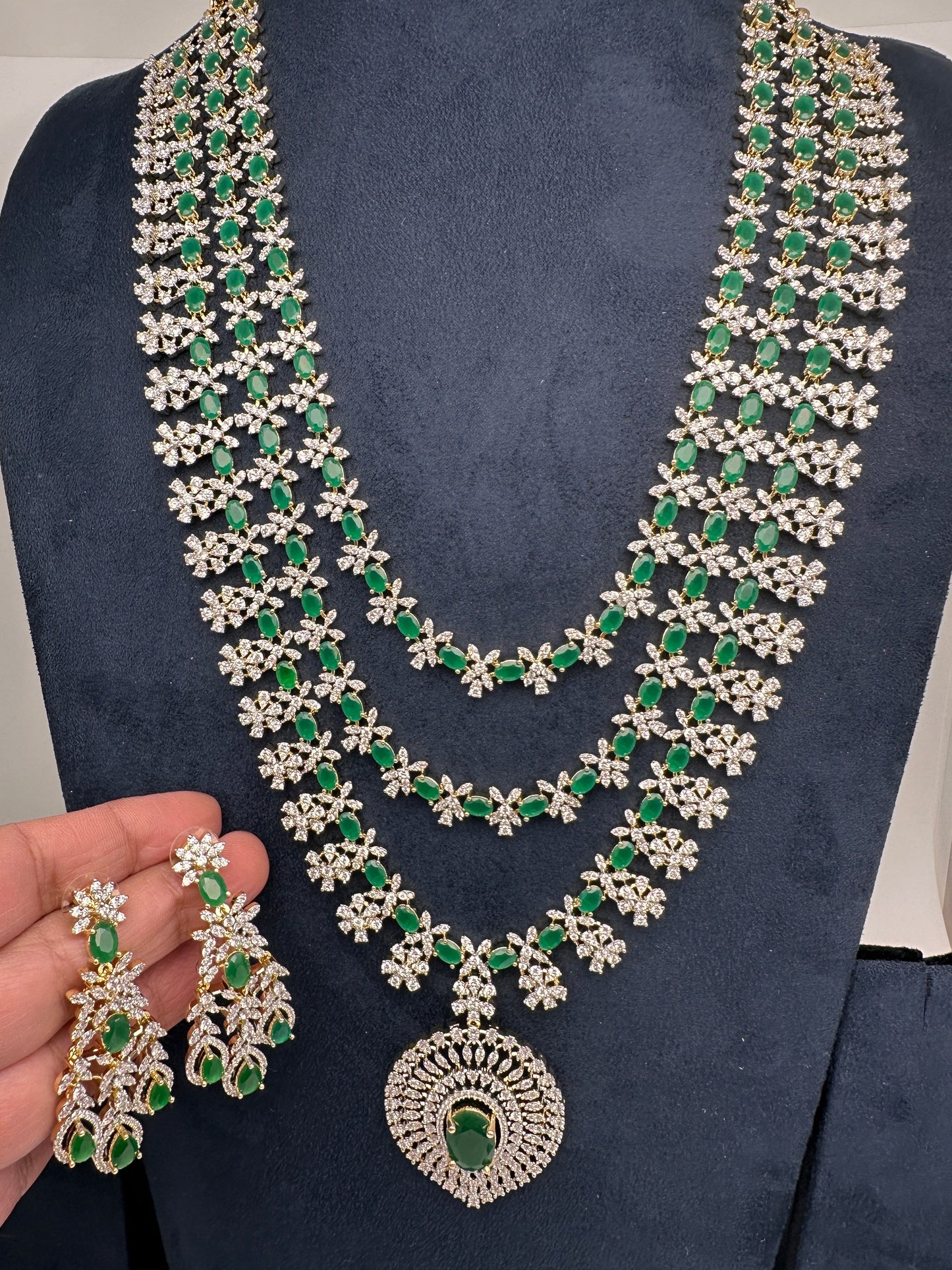 AD Multi Layer Color Stone Long Necklace - Green