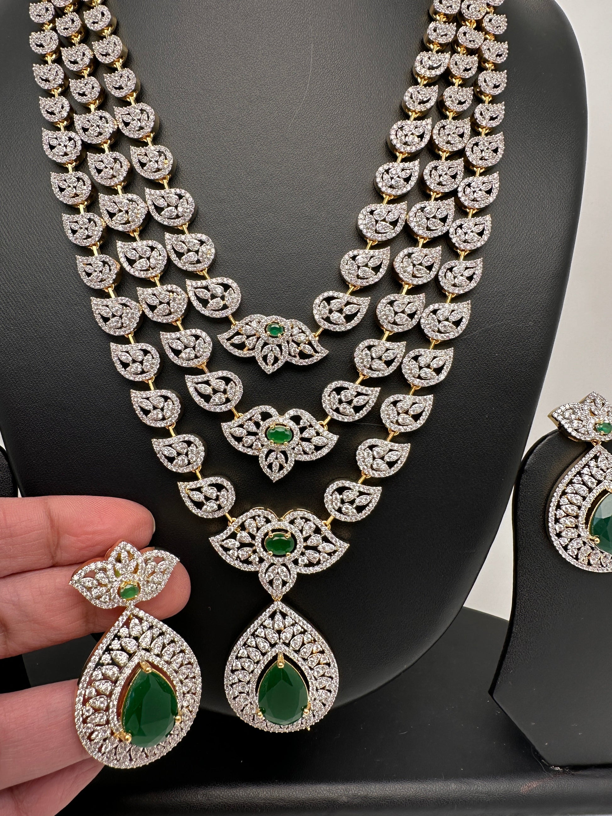 AD Multi Layer Color Stone Long Necklace - Green