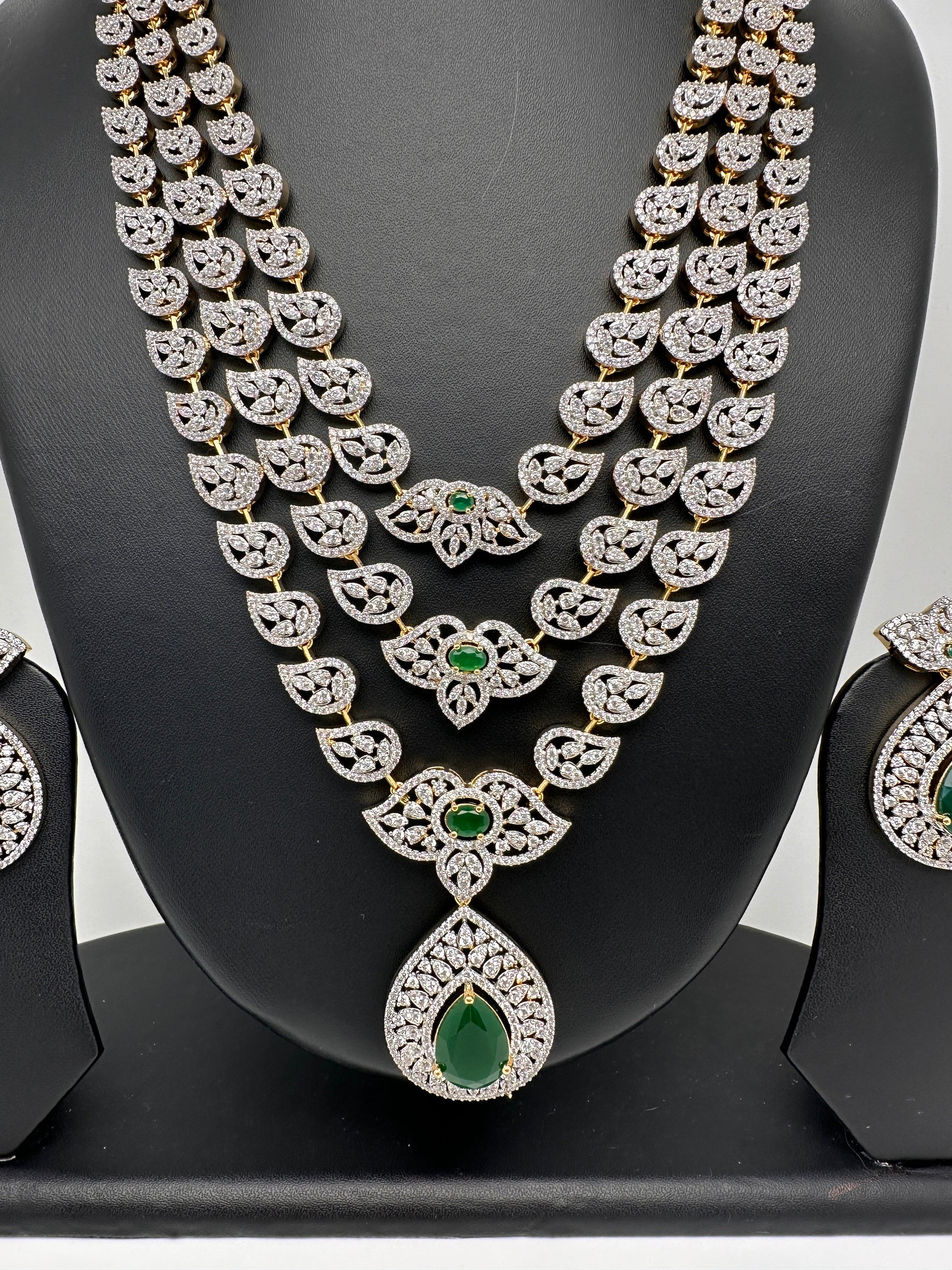 AD Multi Layer Color Stone Long Necklace - Green