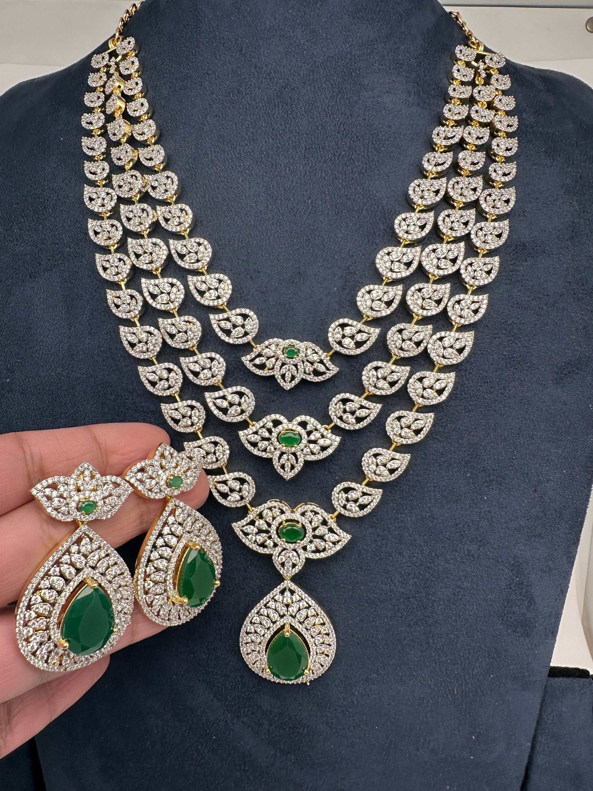 AD Multi Layer Color Stone Long Necklace - Green