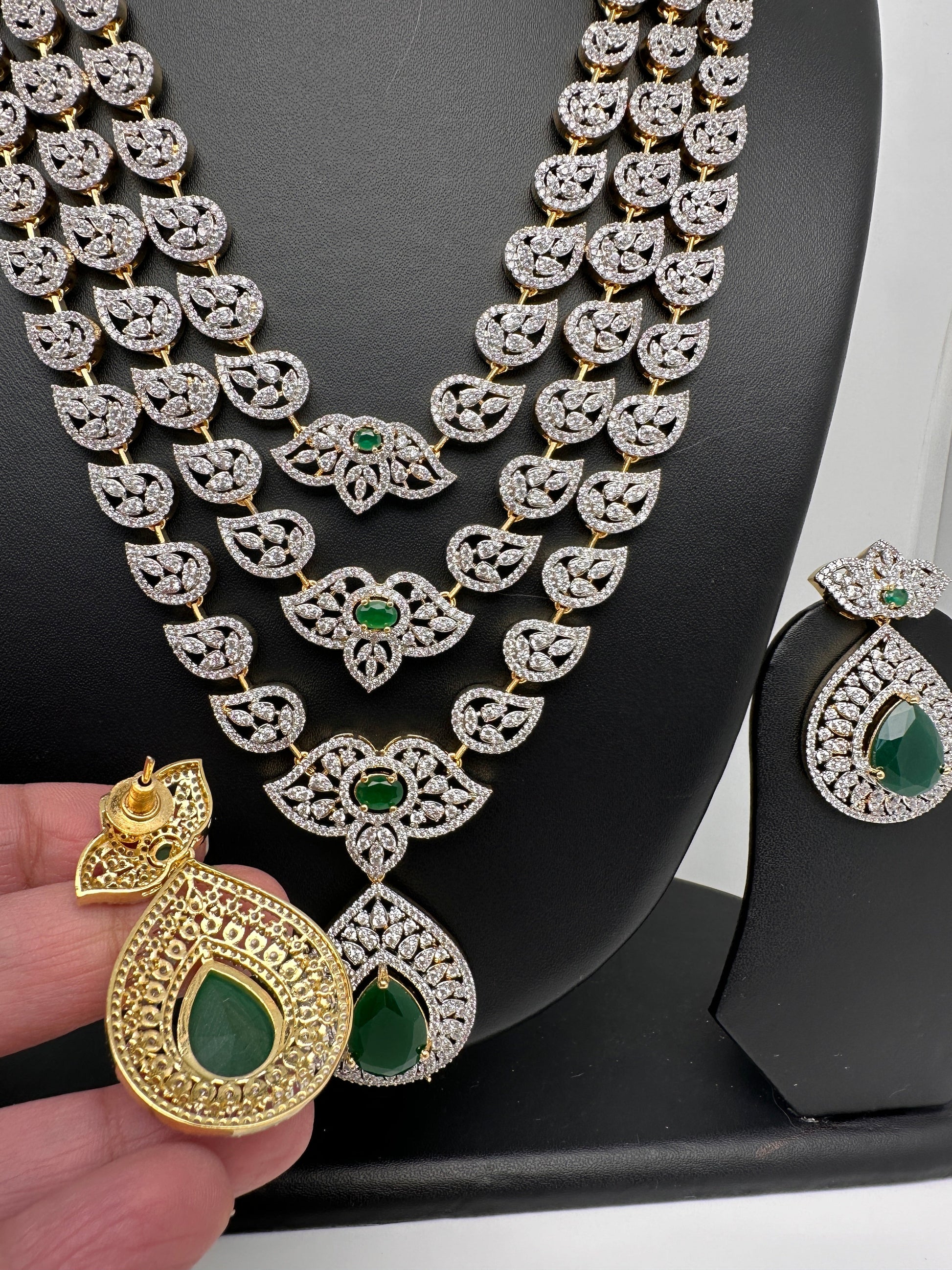 AD Multi Layer Color Stone Long Necklace - Green