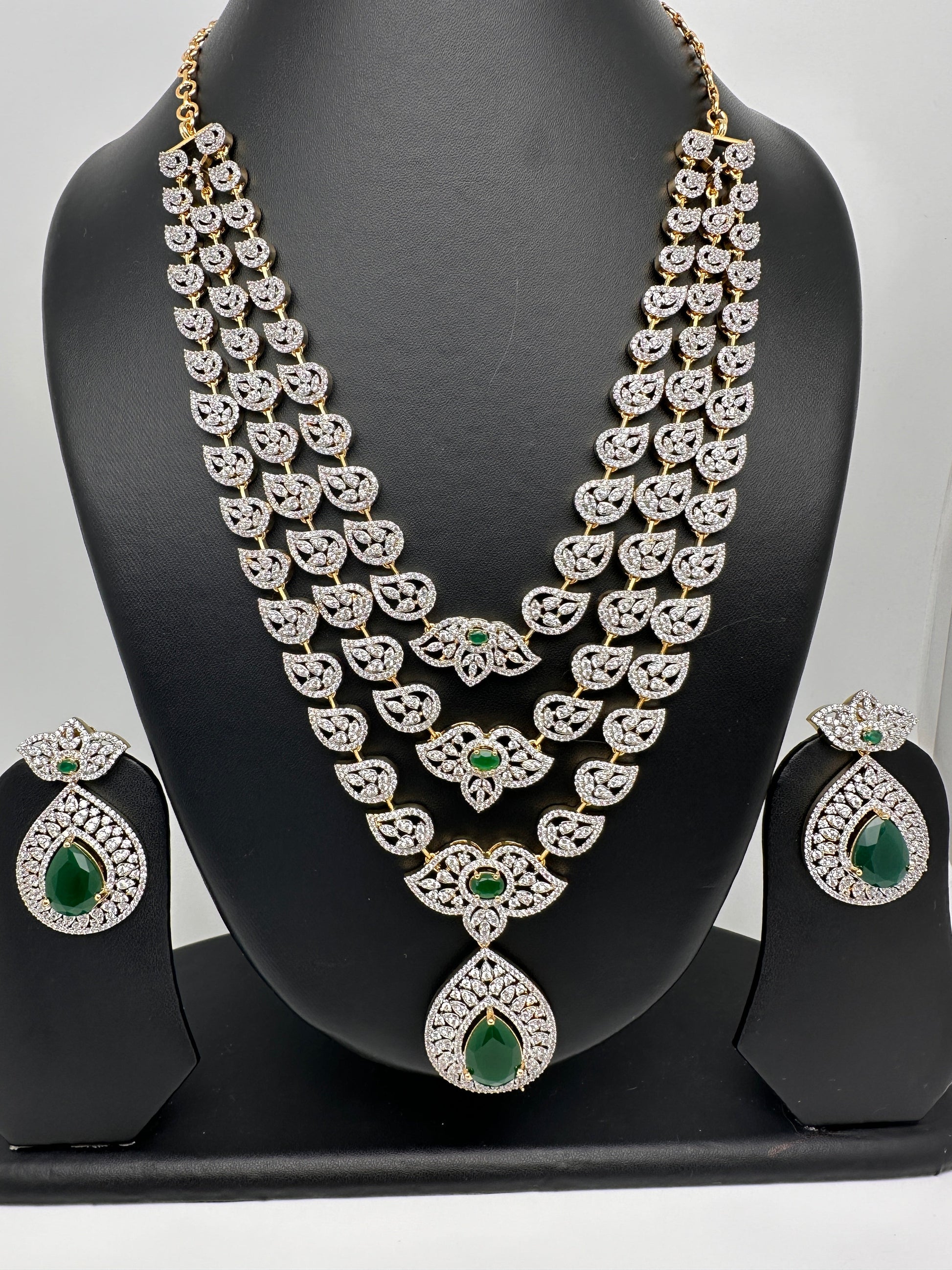 AD Multi Layer Color Stone Long Necklace - Green