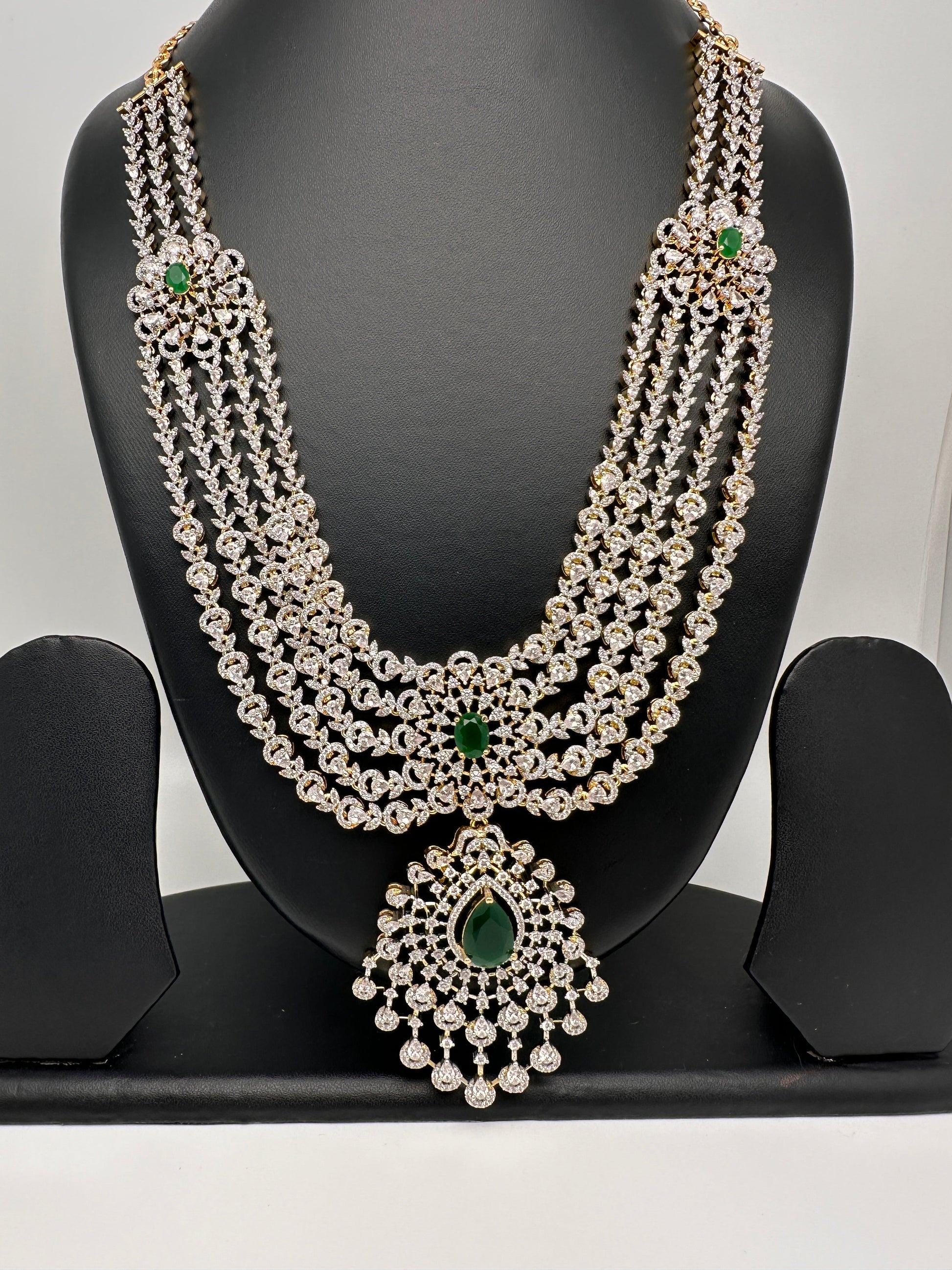 AD Multi Layer Color Stone Long Necklace - Green