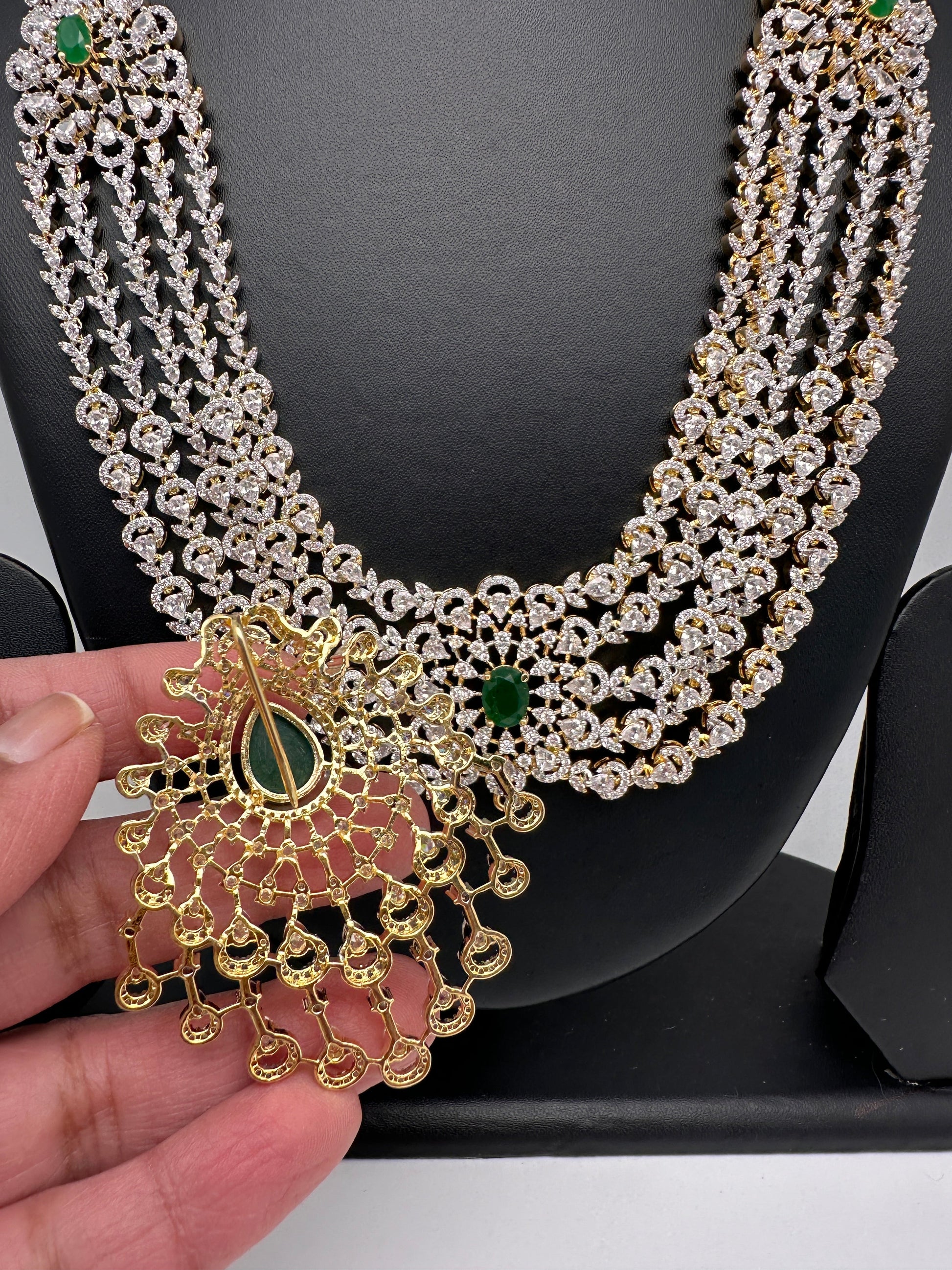 AD Multi Layer Color Stone Long Necklace - Green