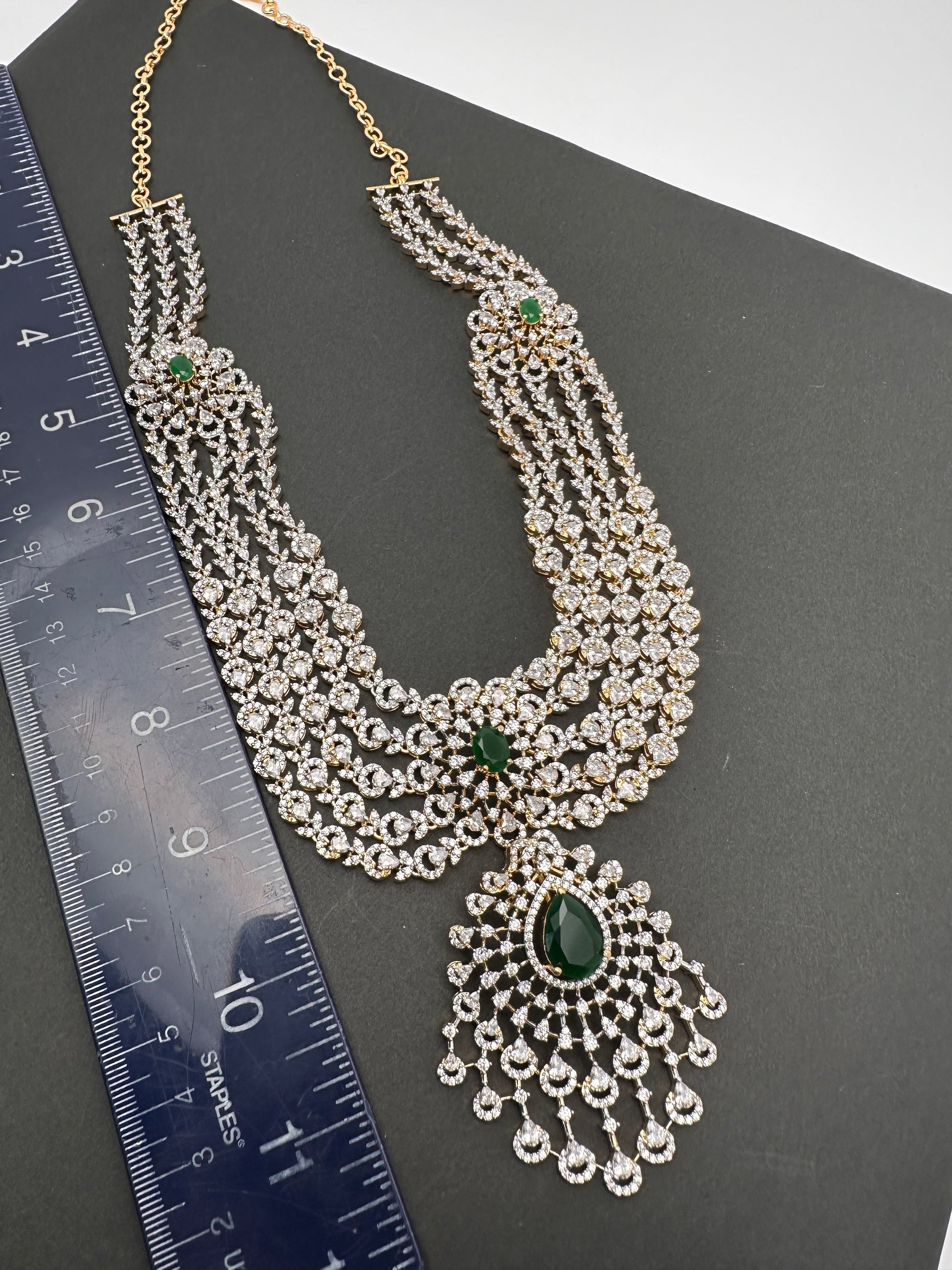 AD Multi Layer Color Stone Long Necklace - Green