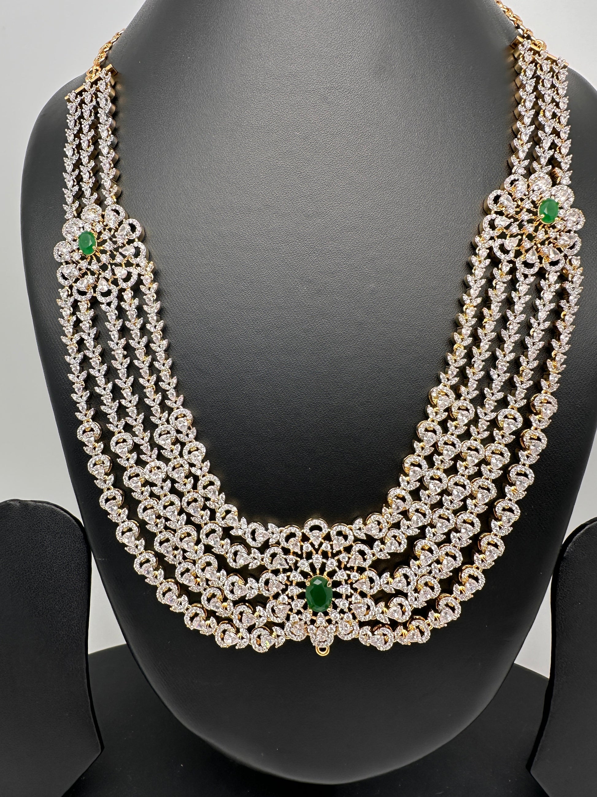 AD Multi Layer Color Stone Long Necklace - Green