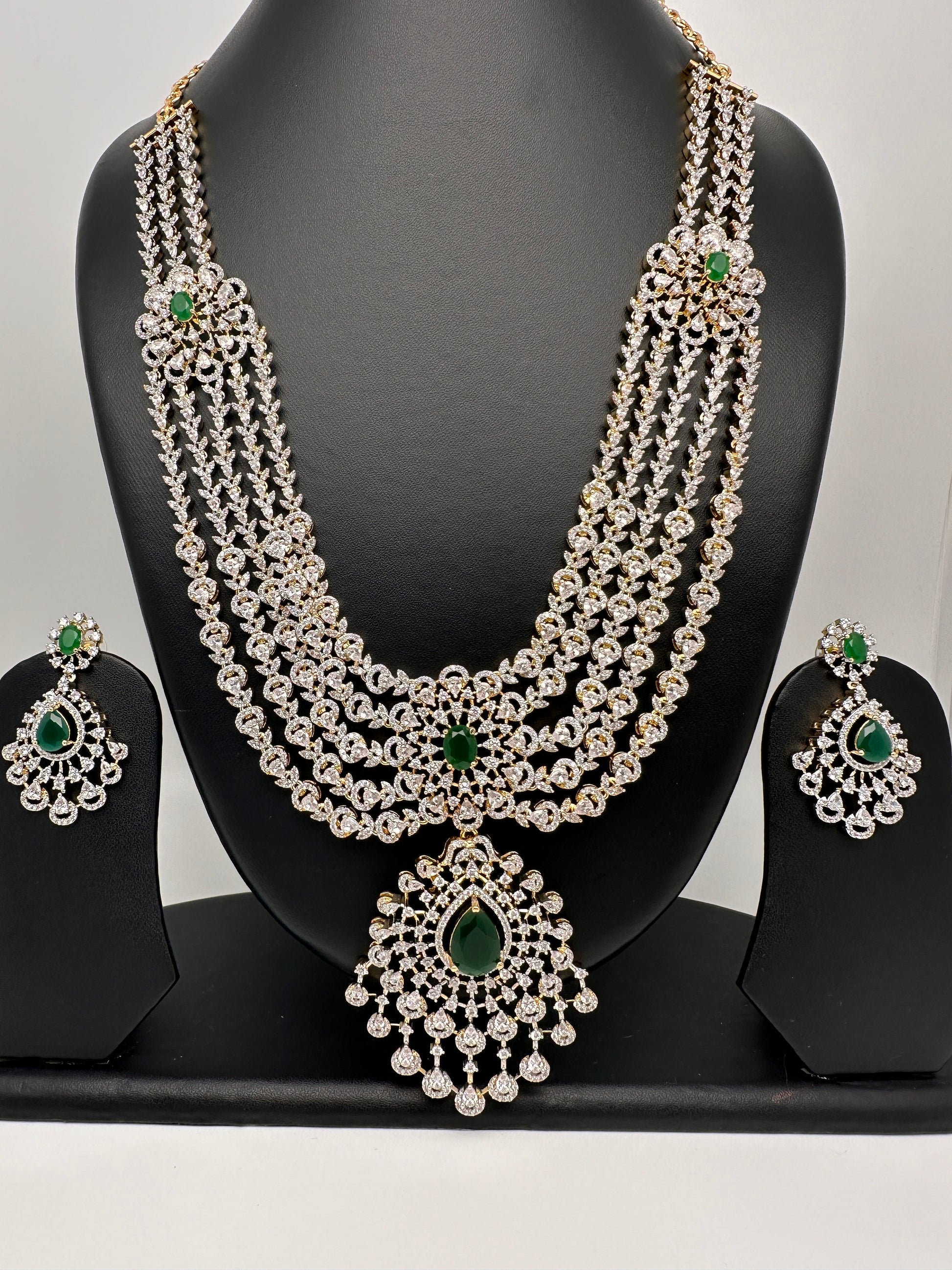 AD Multi Layer Color Stone Long Necklace - Green
