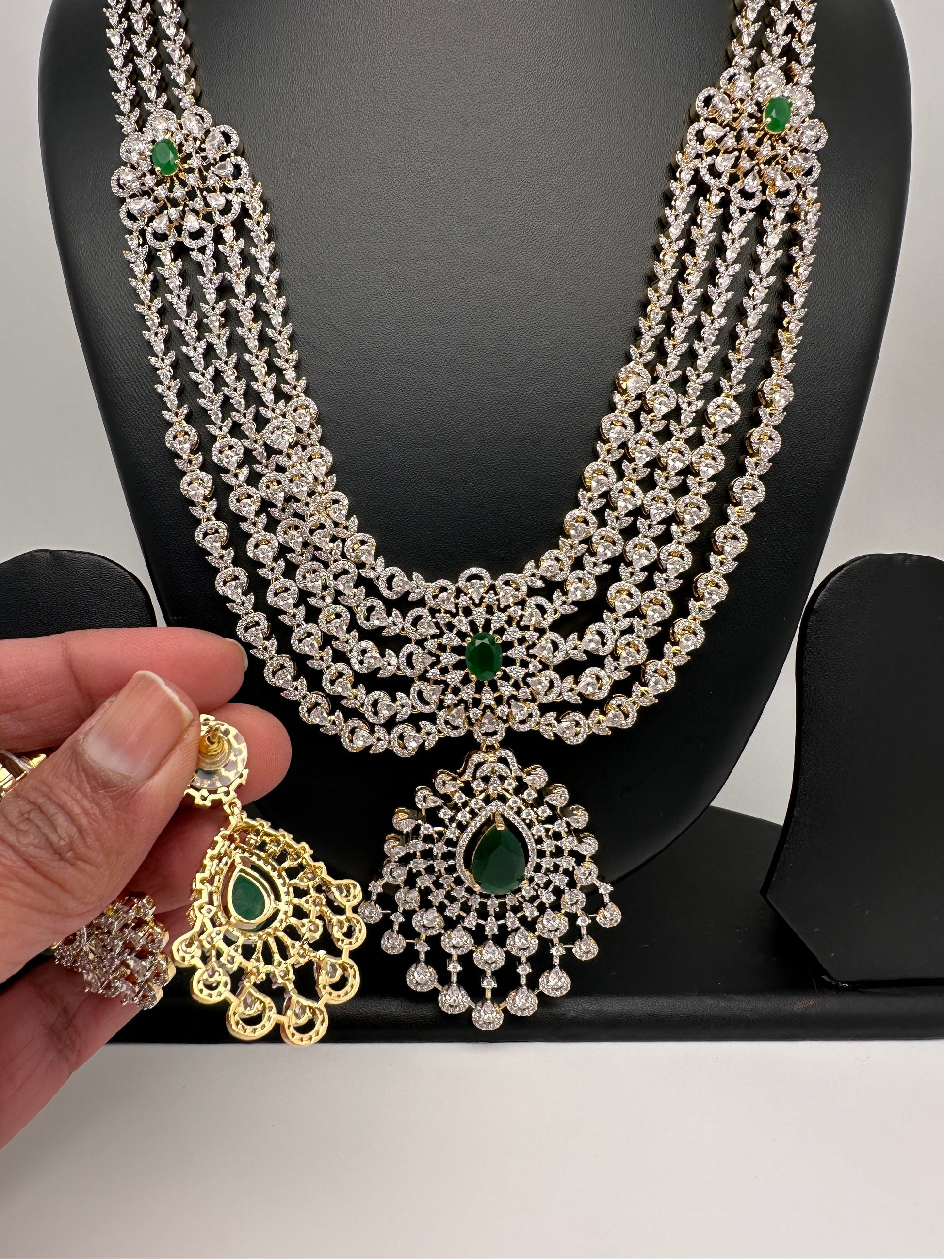 AD Multi Layer Color Stone Long Necklace - Green