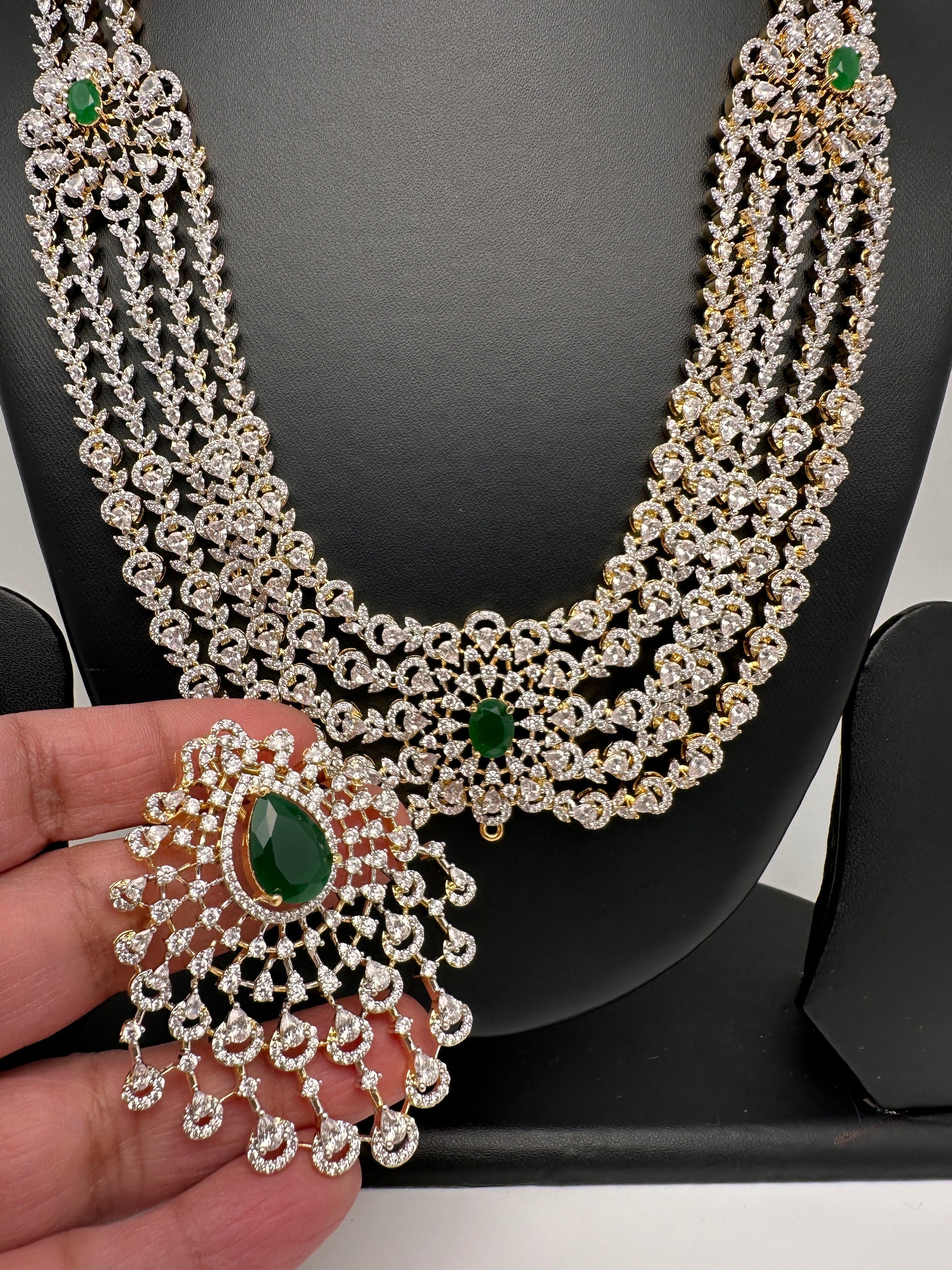 AD Multi Layer Color Stone Long Necklace - Green