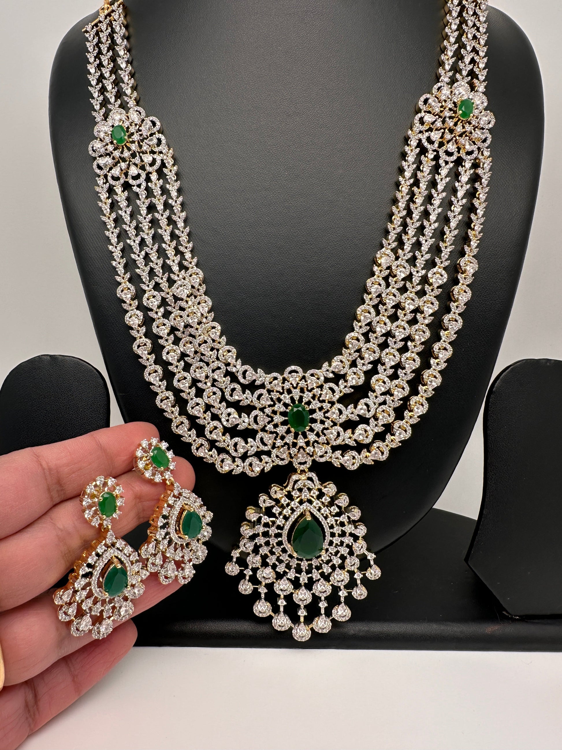 AD Multi Layer Color Stone Long Necklace - Green