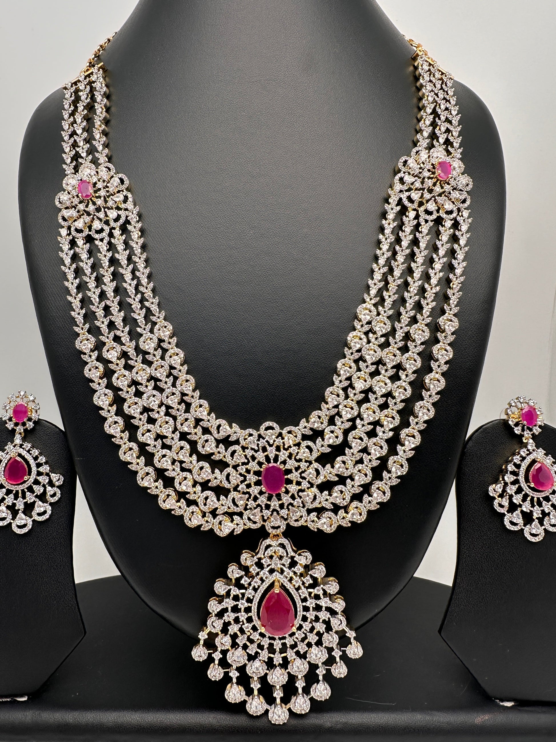 AD Multi Layer Detachable Pendent Color Stone Long Necklace - Red