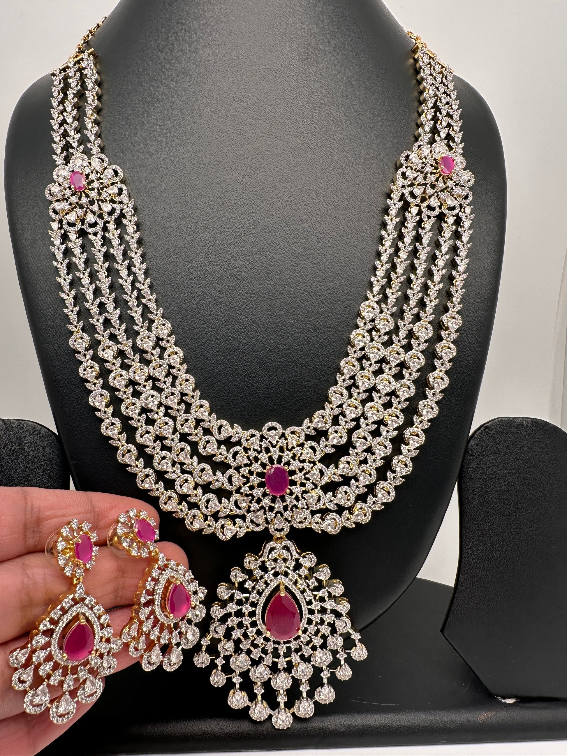 AD Multi Layer Detachable Pendent Color Stone Long Necklace - Red