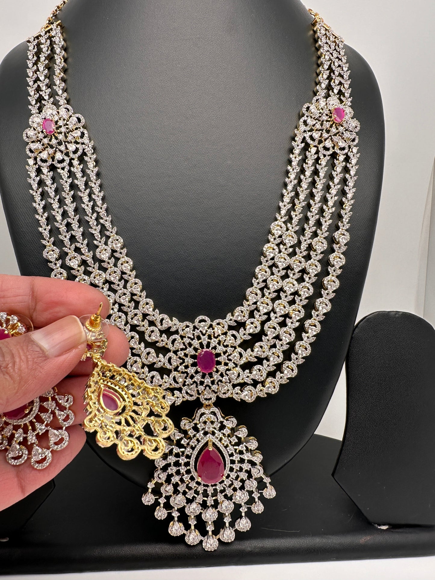 AD Multi Layer Detachable Pendent Color Stone Long Necklace - Red