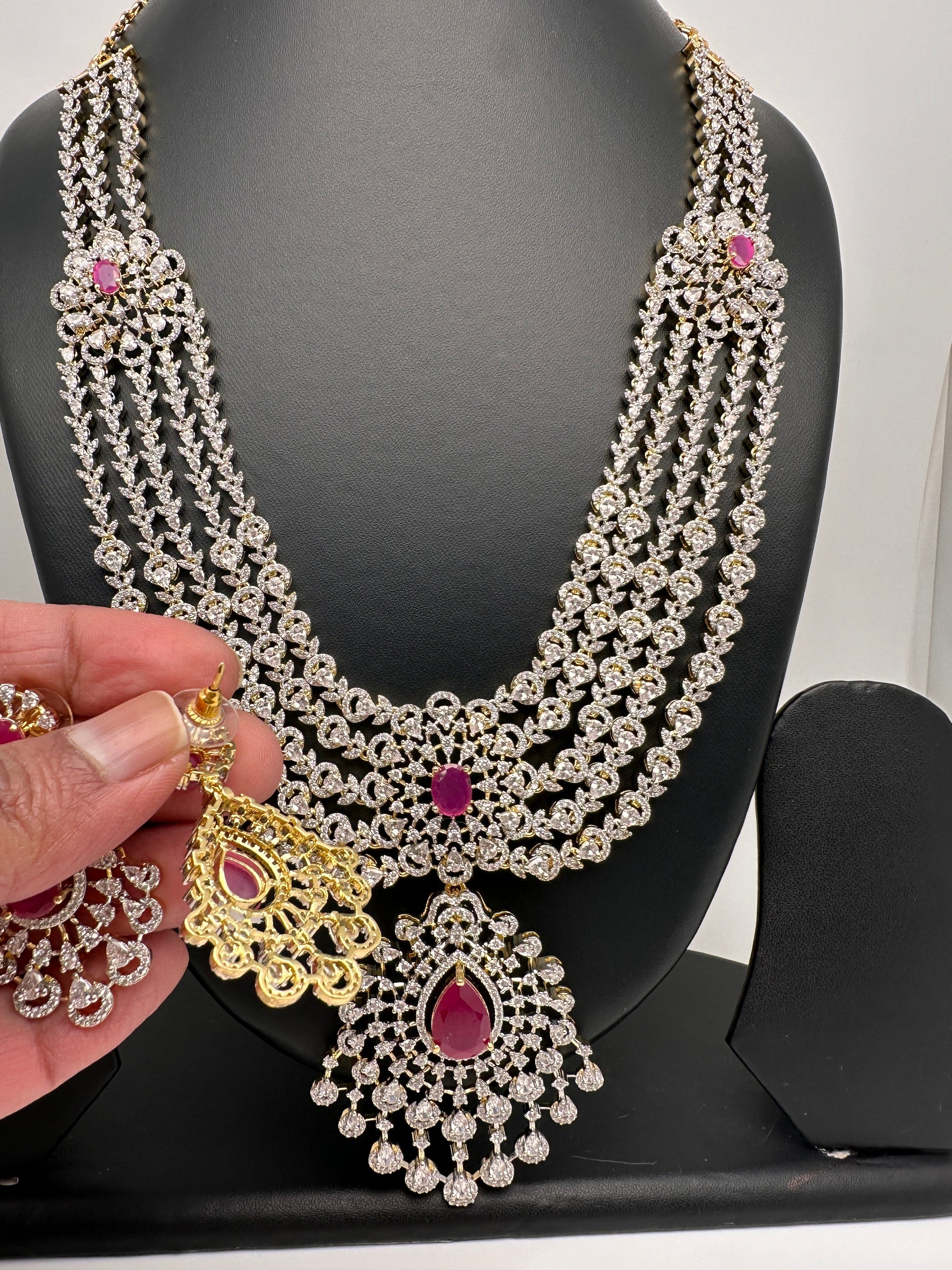 AD Multi Layer Detachable Pendent Color Stone Long Necklace - Red