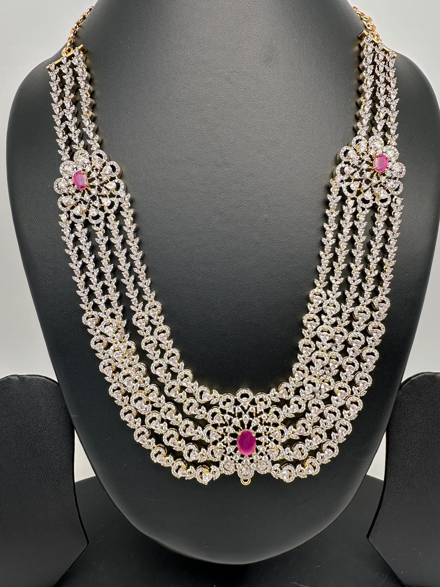 AD Multi Layer Detachable Pendent Color Stone Long Necklace - Red