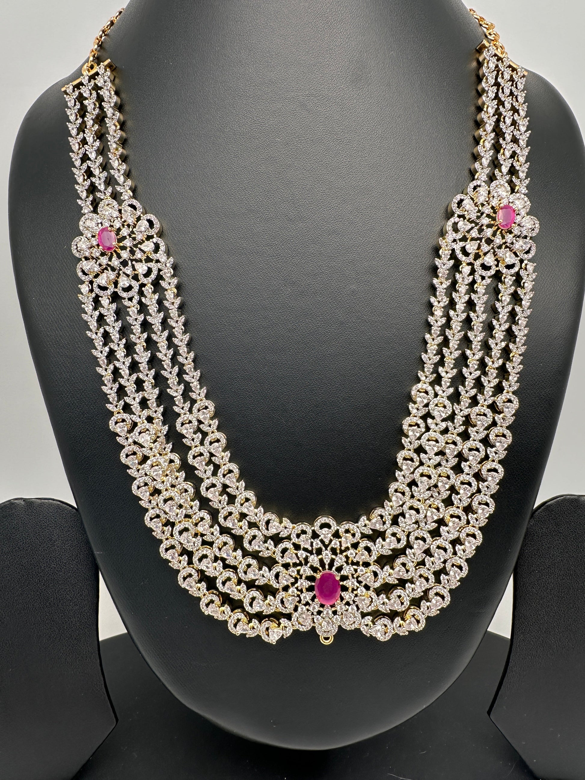AD Multi Layer Detachable Pendent Color Stone Long Necklace - Red