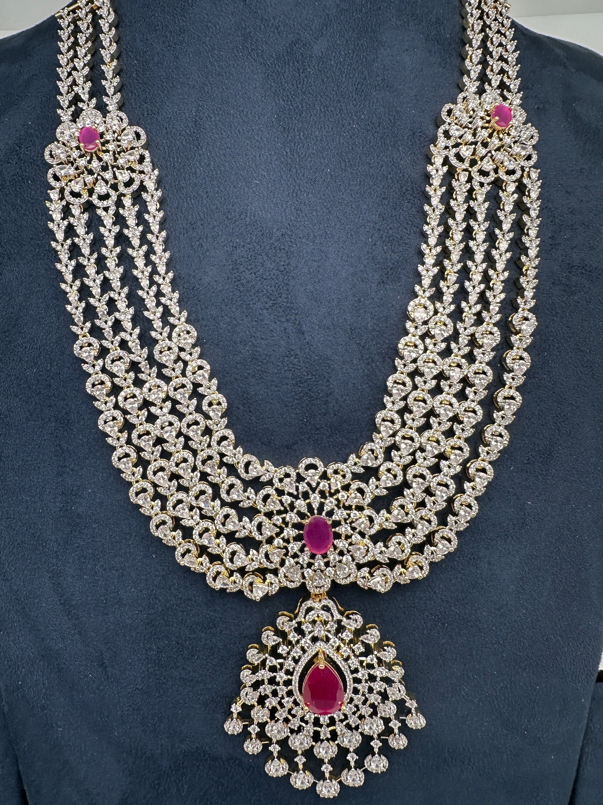 AD Multi Layer Detachable Pendent Color Stone Long Necklace - Red