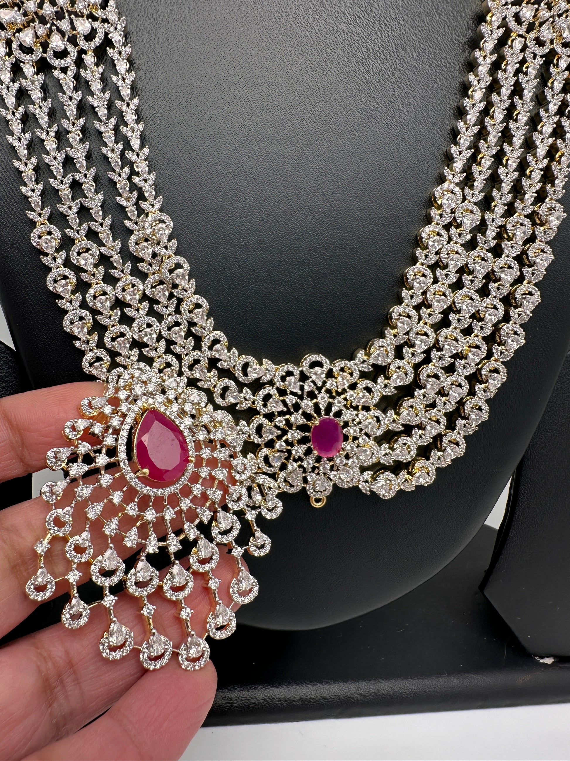 AD Multi Layer Detachable Pendent Color Stone Long Necklace - Red