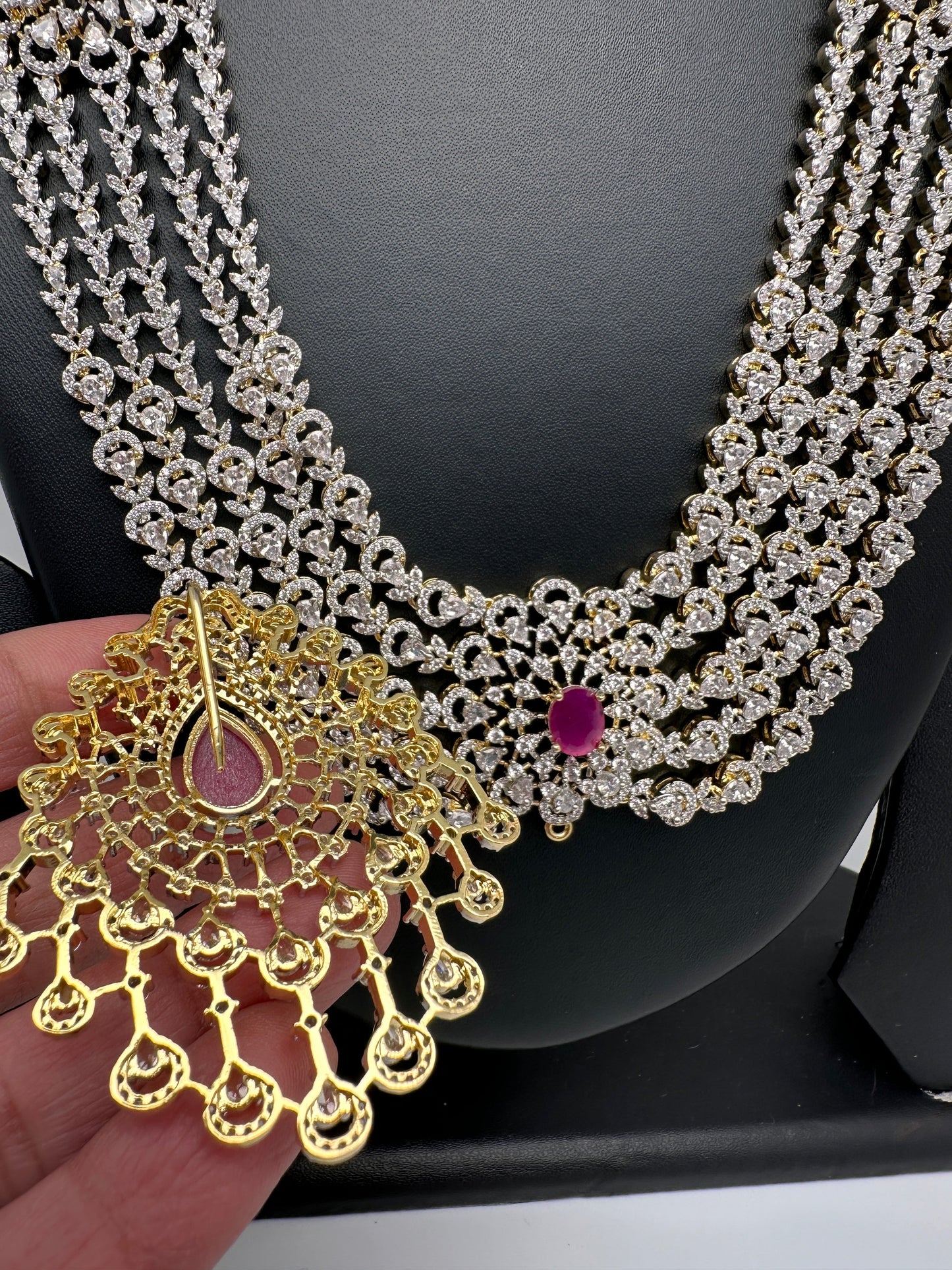 AD Multi Layer Detachable Pendent Color Stone Long Necklace - Red