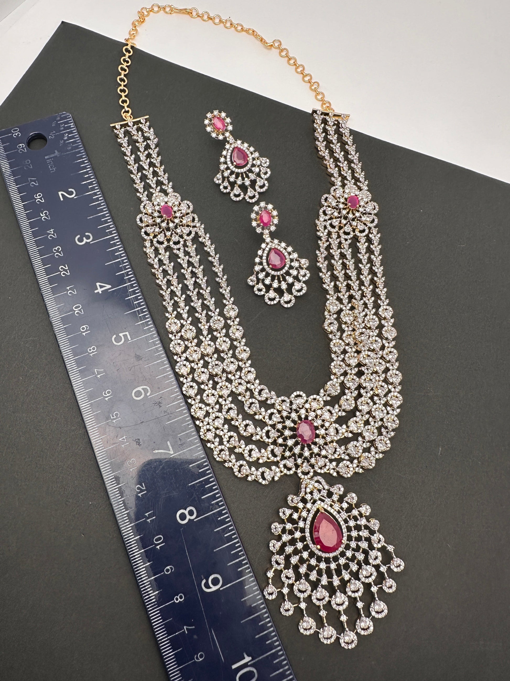 AD Multi Layer Detachable Pendent Color Stone Long Necklace - Red